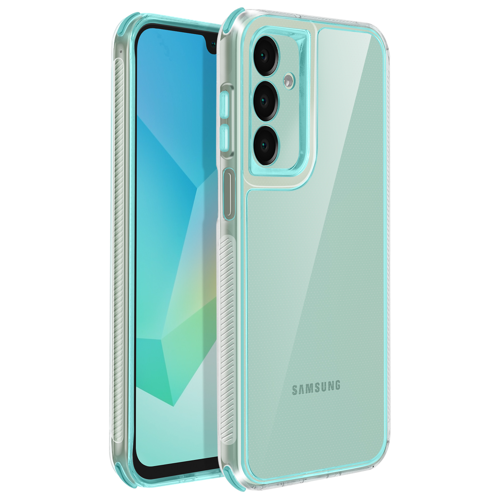 Una custodia trasparente per telefono con finiture azzurre, che mostra un telefono. La custodia ha ritagli per la fotocamera ed è visibile il logo Samsung.