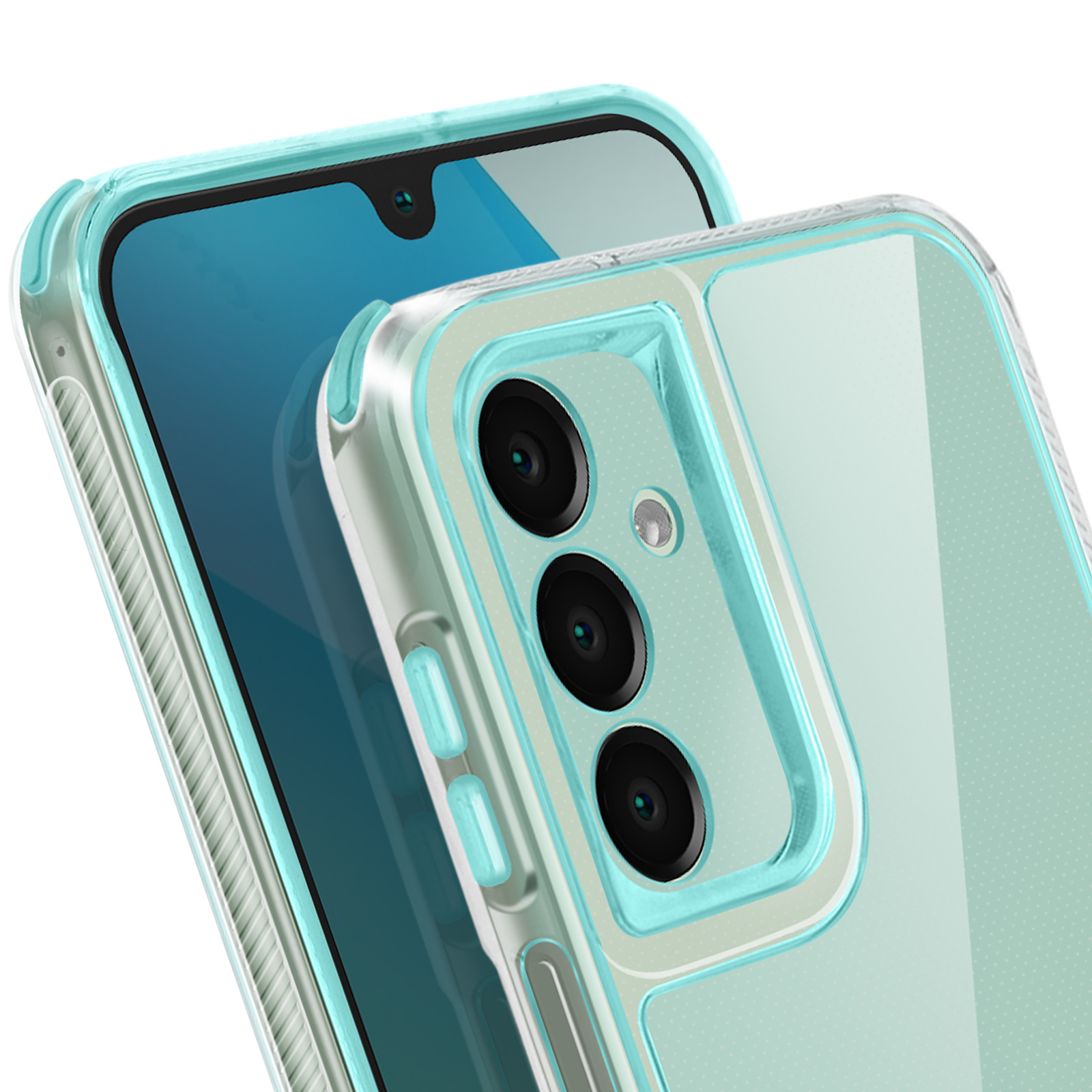 Uno smartphone con una custodia protettiva trasparente. La custodia ha bordi turchese, un ritaglio per la fotocamera e un retro trasparente.
