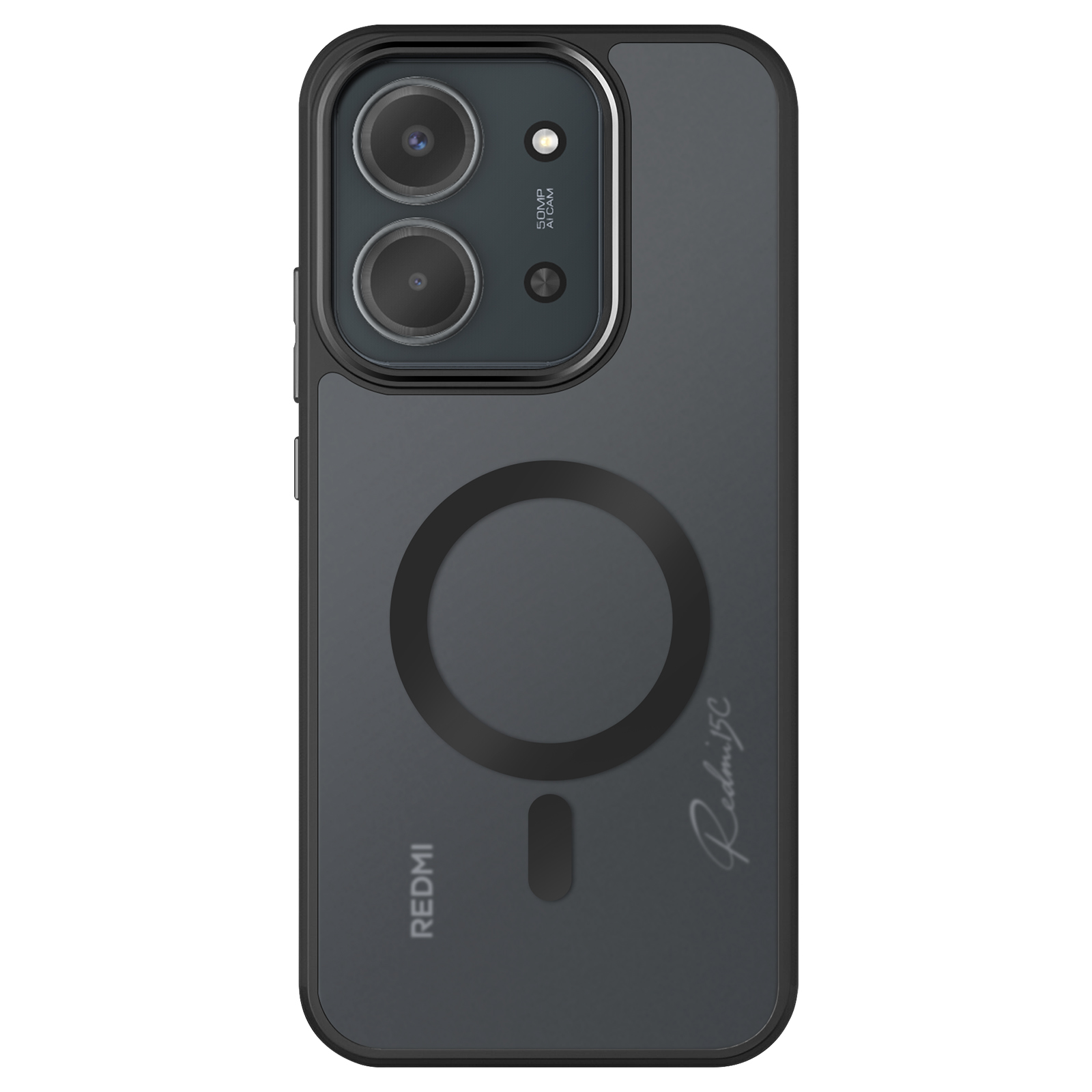 Une coque noire avec double caméra, anneau magnétique et logo Redmi 5C.