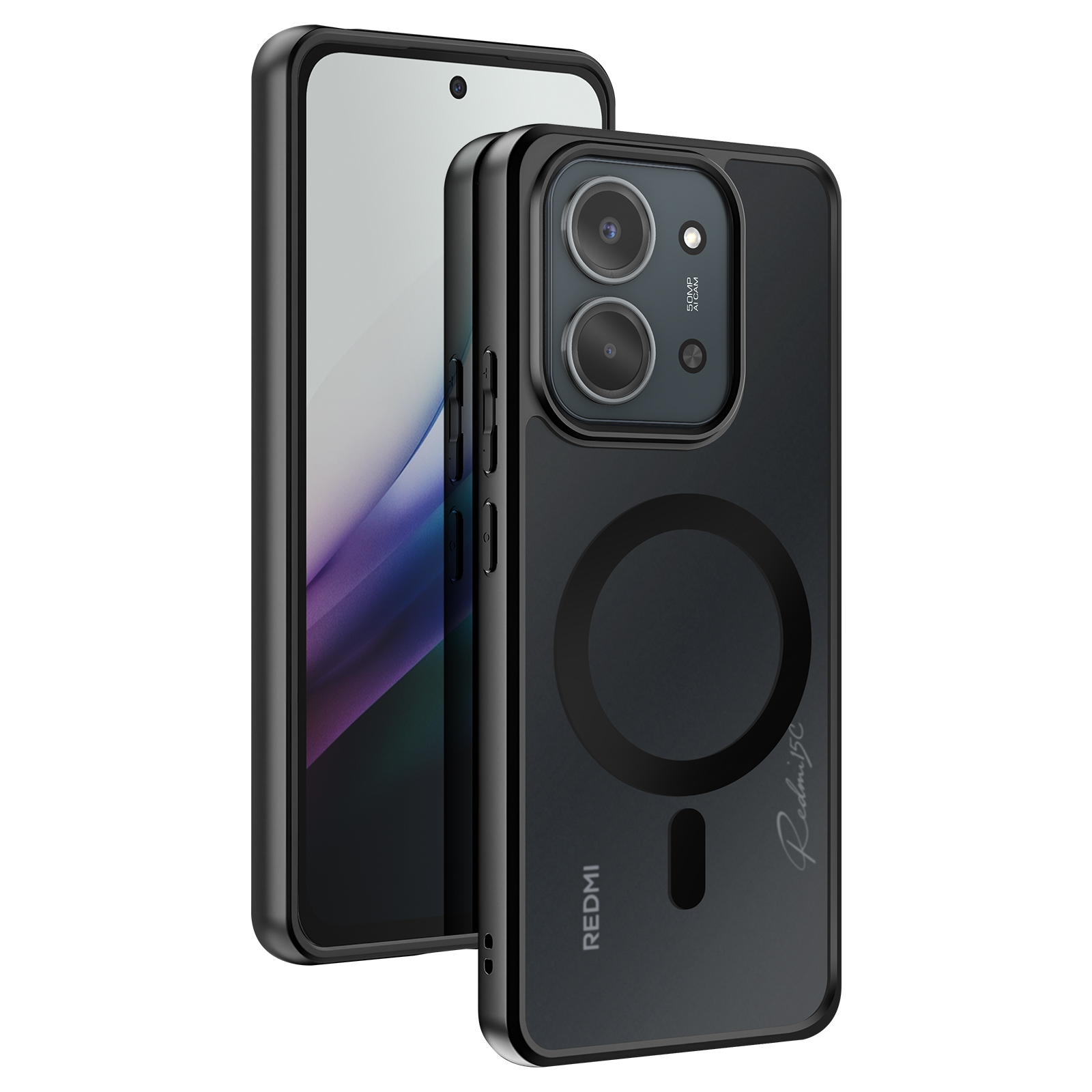 Un smartphone dans un étui noir. L'étui comporte une découpe pour l'appareil photo et un anneau magnétique. Le téléphone est sur fond blanc.