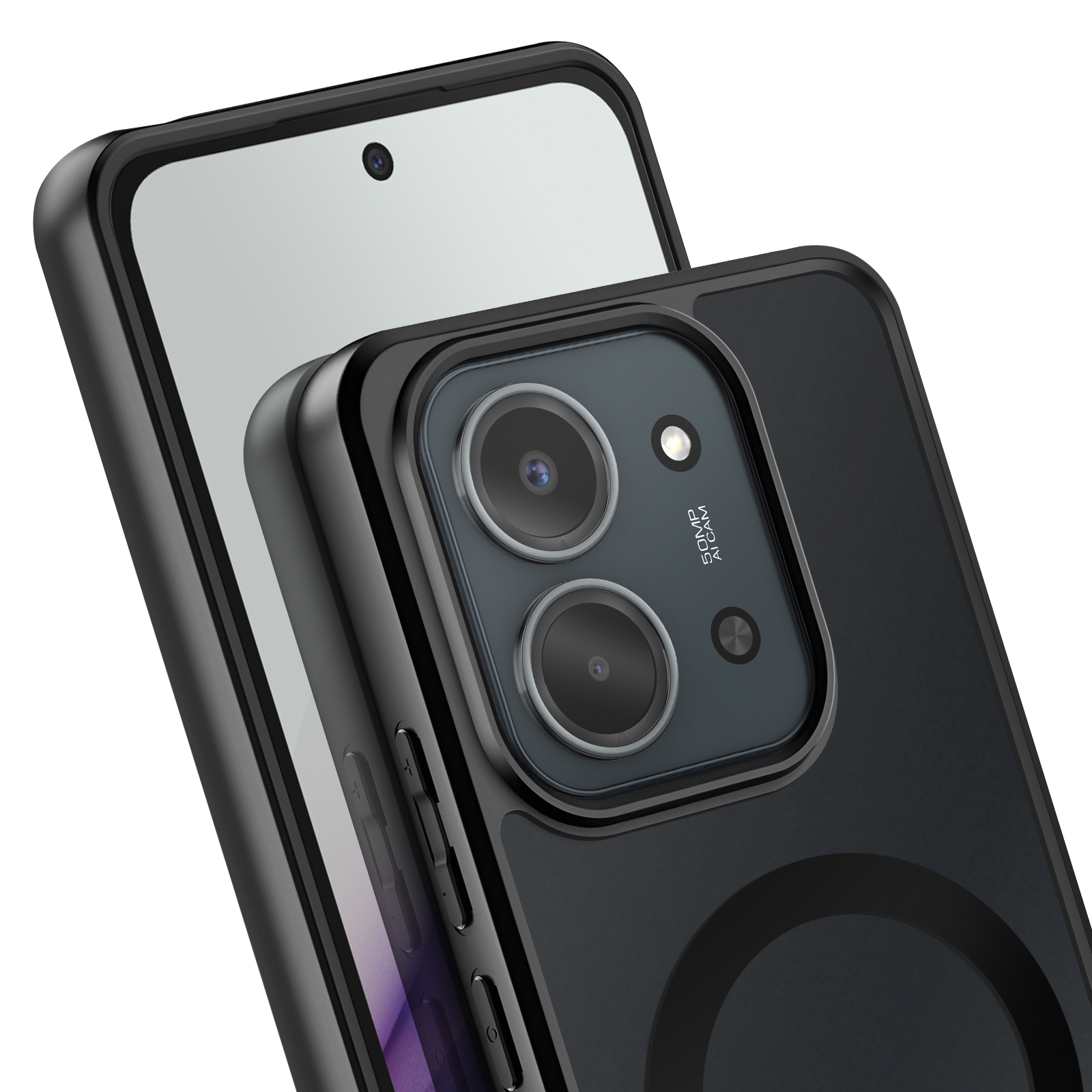 Un smartphone noir dans un étui. Les objectifs de l'appareil photo sont visibles. Le téléphone est sur fond blanc.