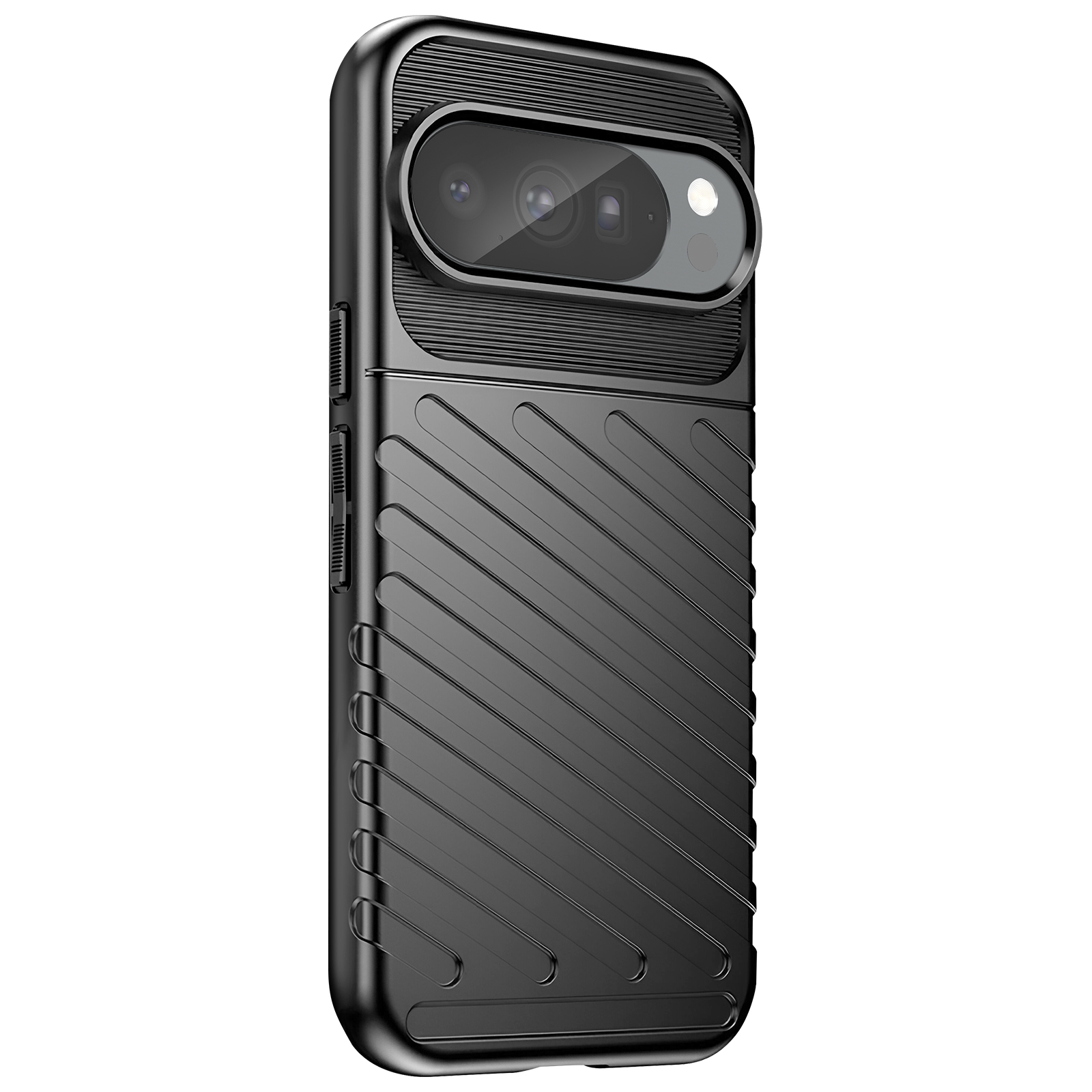 Custodia nera per telefono con ritaglio per fotocamera. Ha un design a coste sul retro e una finitura liscia e lucida.