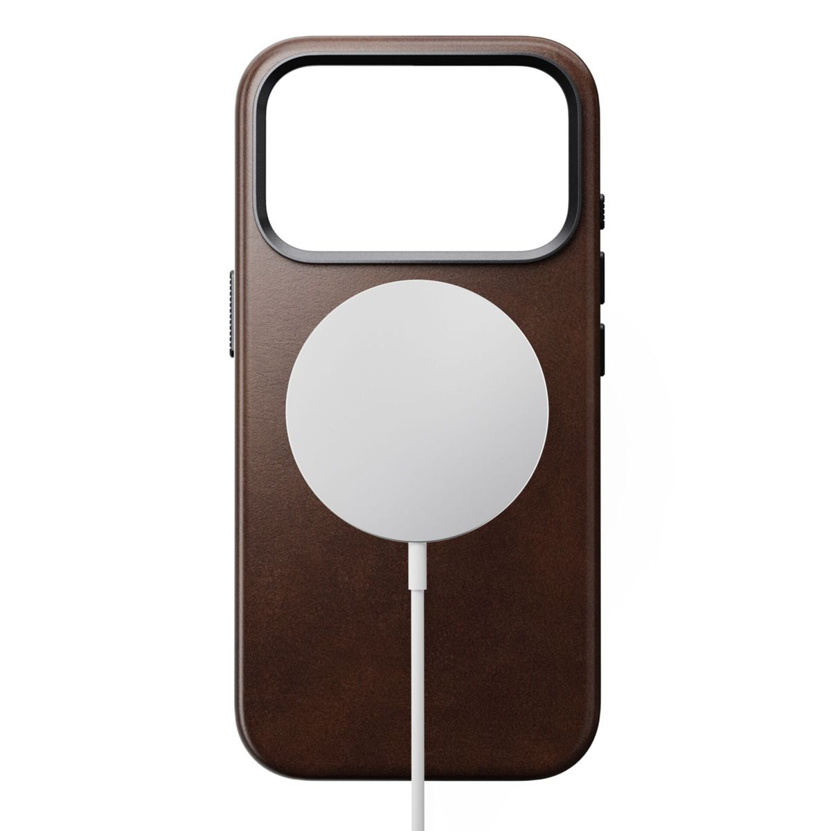 Una custodia marrone per telefono con un cerchio bianco e un cavo bianco. La custodia ha un contorno nero e un ritaglio per la fotocamera.