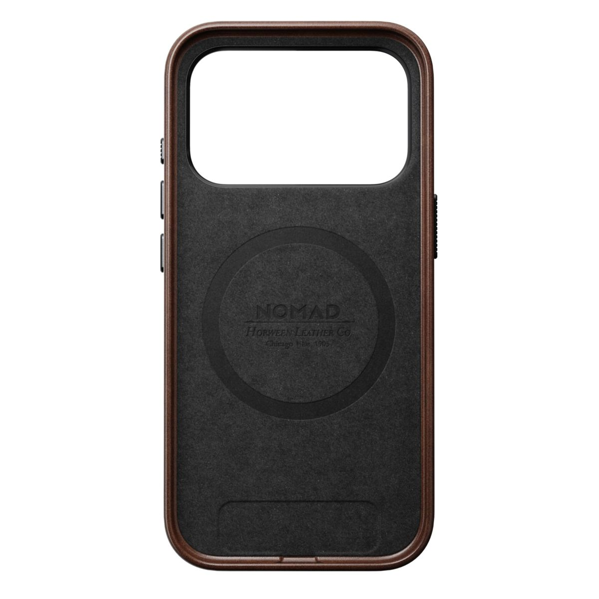 Custodia per telefono marrone e nera. Ha un ritaglio per la fotocamera e i pulsanti laterali. Il marchio "NOMAD" è visibile.