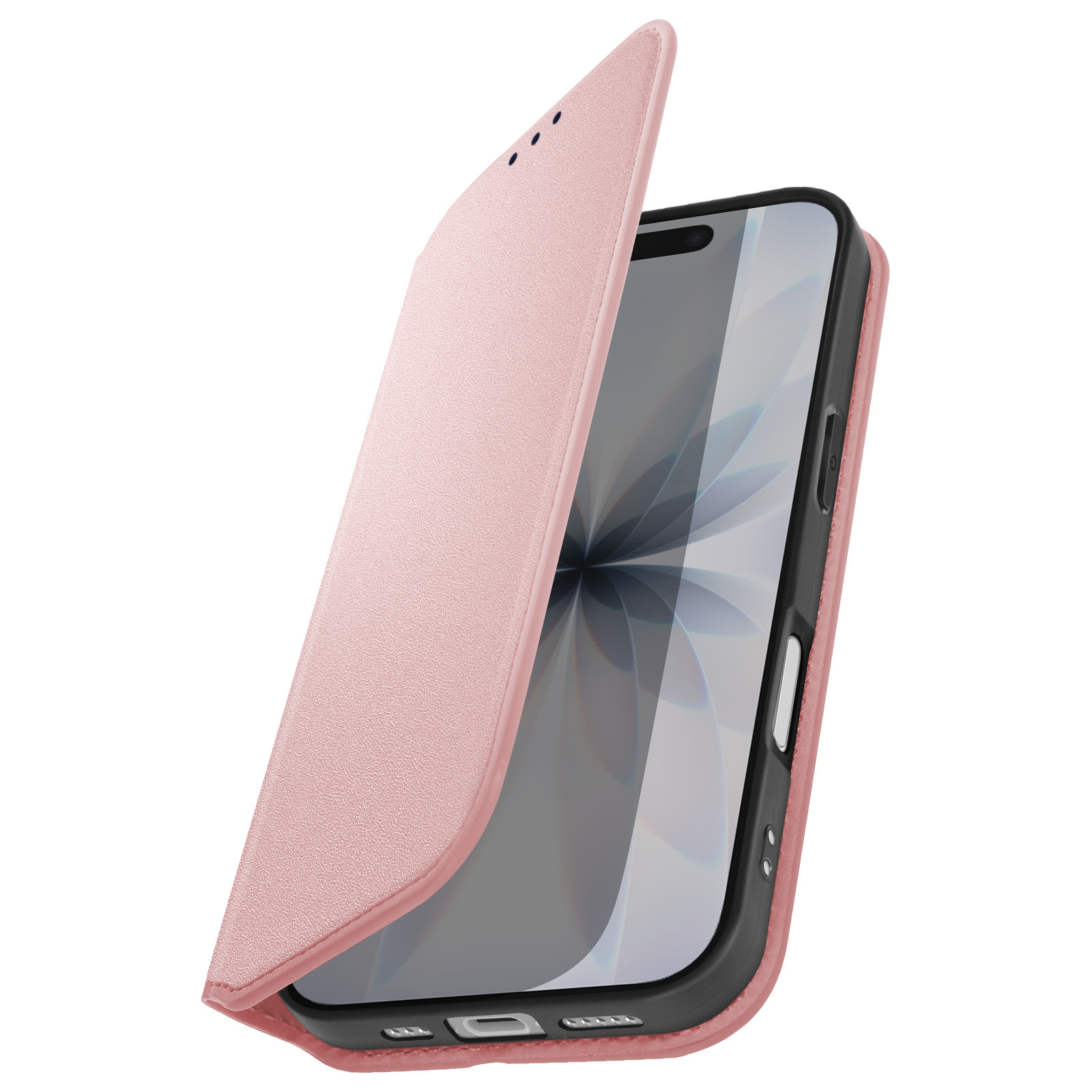 Una custodia rosa con apertura a libro è aperta, rivelando lo schermo del telefono. Custodia e telefono su sfondo bianco.