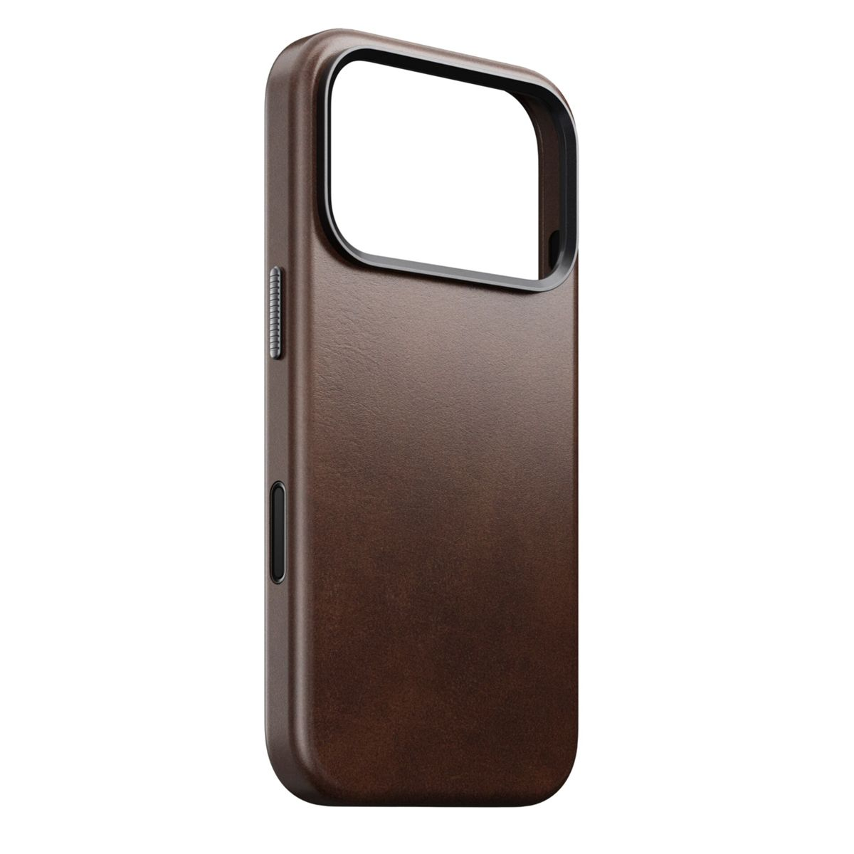Una custodia per telefono in pelle marrone. Ha una cornice nera attorno alla fotocamera e un pulsante nero. La custodia ha una superficie strutturata.