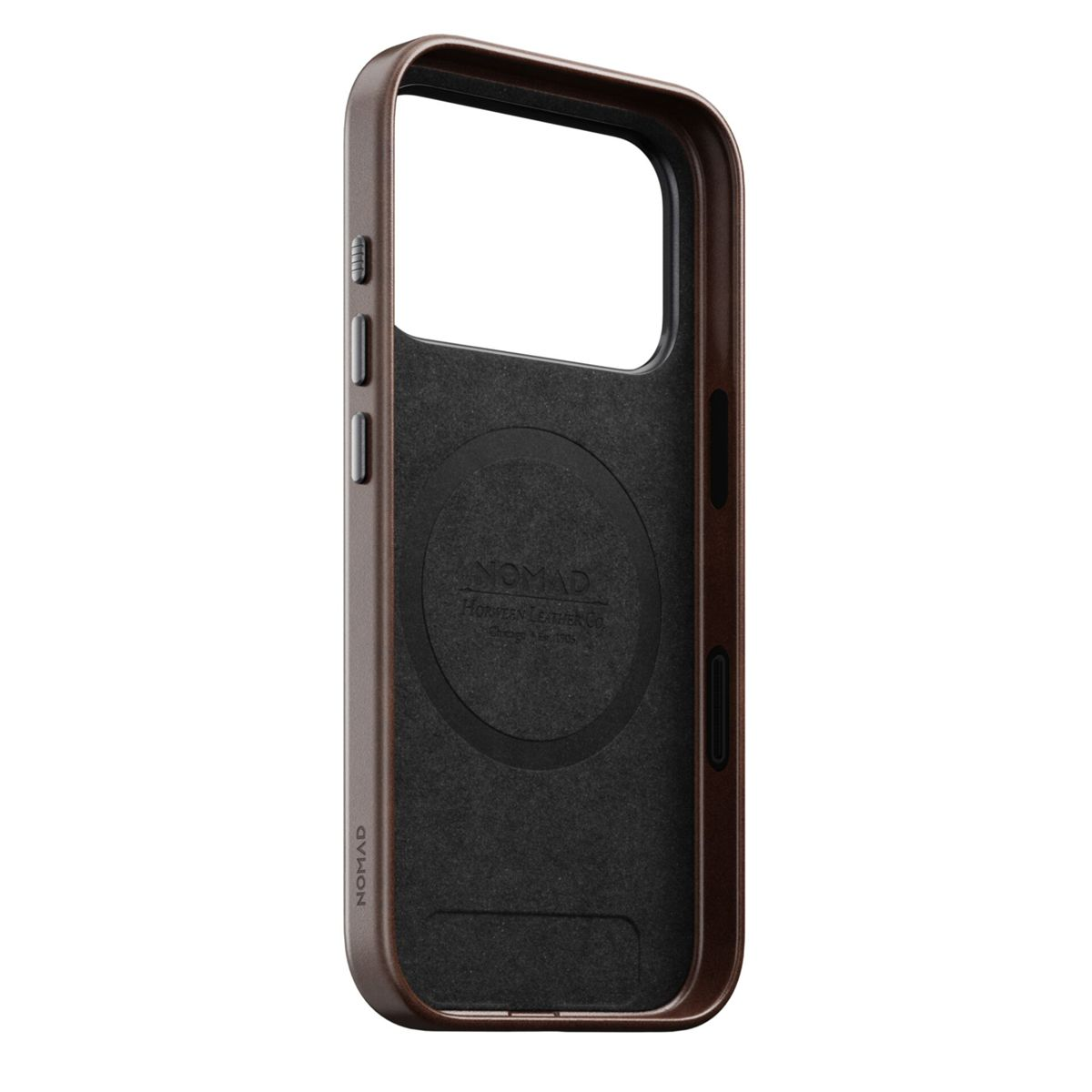 Una custodia per telefono marrone con interno scuro. La custodia presenta il marchio 'NOMAD' e 'Horween Leather Co'. Il design è per un telefono.