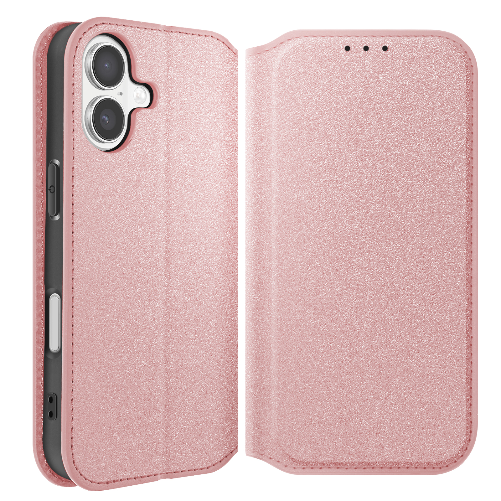 Una custodia rosa per telefono in due parti. Il lato sinistro mostra la fotocamera del telefono. Il lato destro è chiuso e ha tre punti.