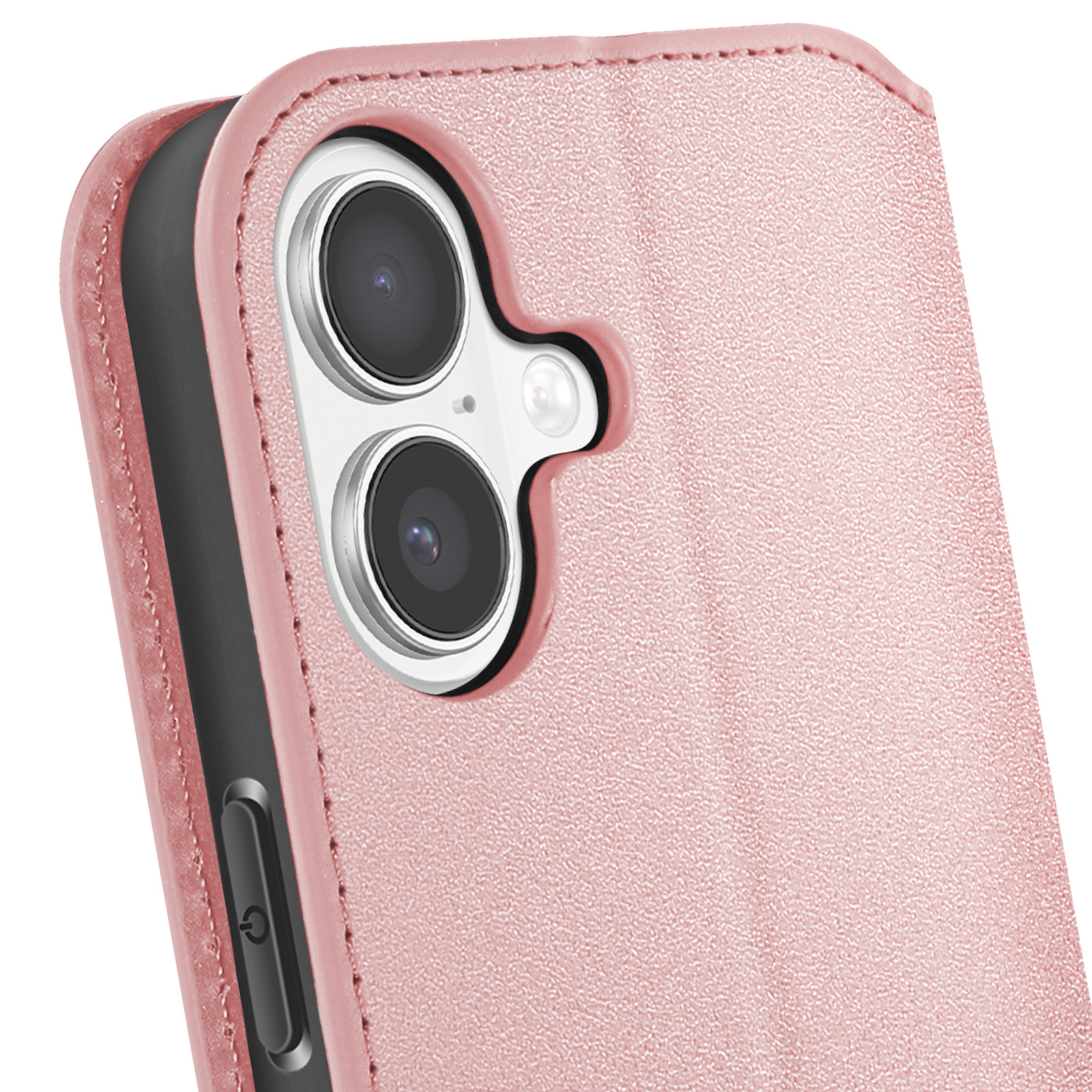 Primo piano di una custodia rosa per telefono con lenti della fotocamera. Pulsante di accensione nero. Aspetto pelle.