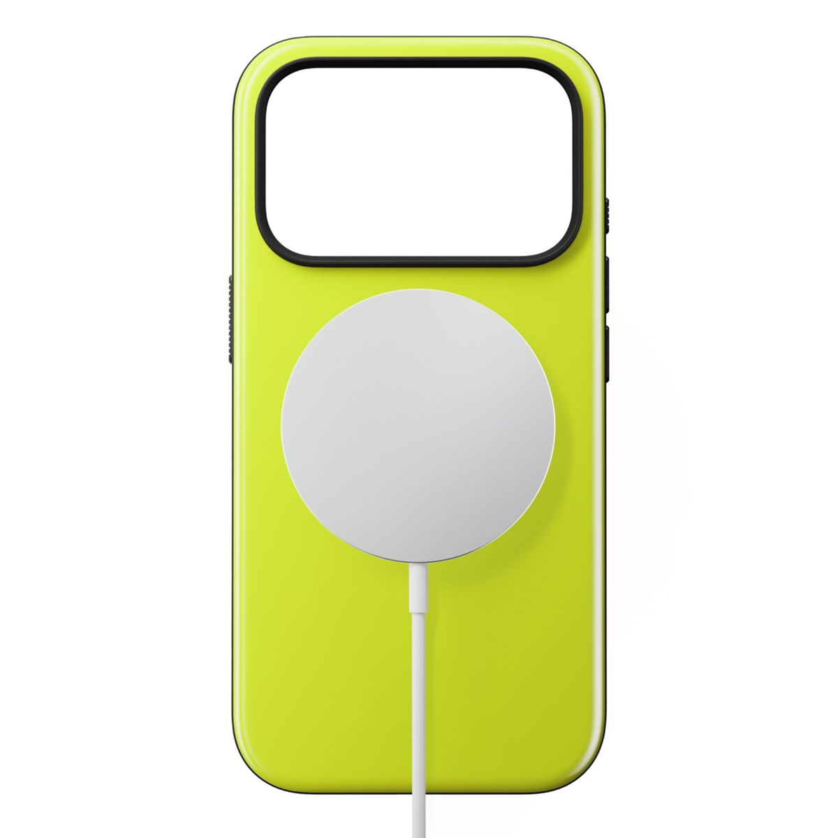Una custodia per telefono verde lime con un caricatore MagSafe bianco. Un contorno nero incornicia l'apertura della fotocamera.