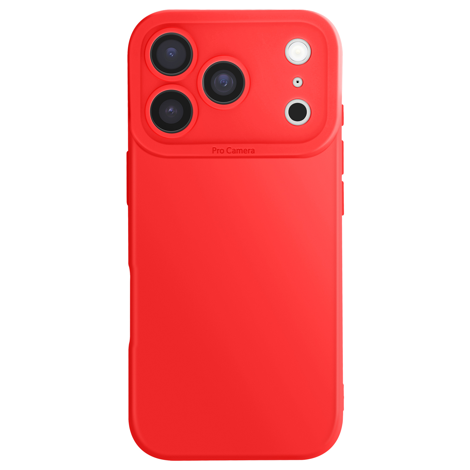 Rode telefoonhoes met camera-array. Vier lenzen, flitser en Pro Camera label.