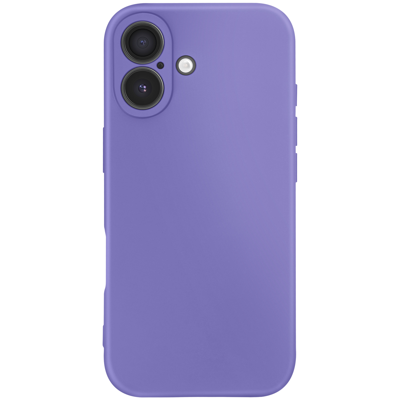 Una custodia per telefono viola con lenti della fotocamera e flash. Lo sfondo è bianco.