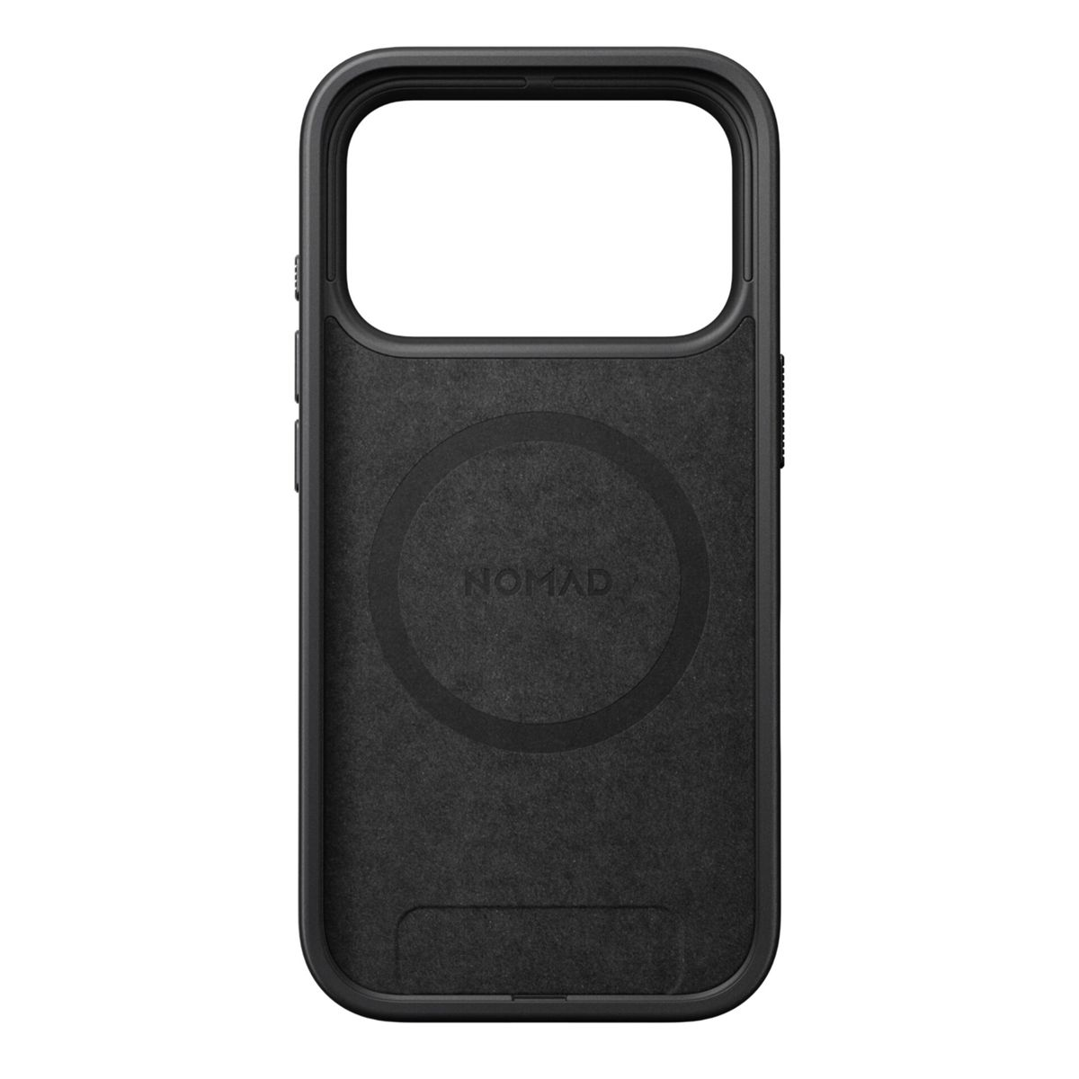 Custodia nera per telefono con parte superiore aperta. La parola 'NOMAD' è visibile. La custodia ha un segno circolare al centro.