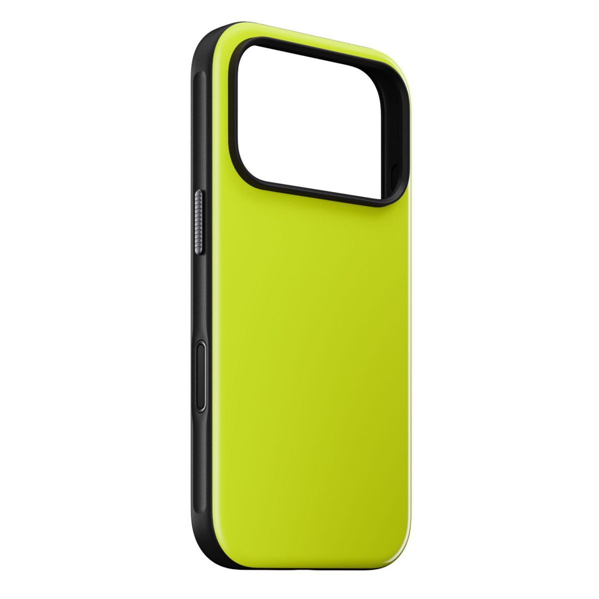 Una custodia per telefono verde neon con bordo nero. La custodia ha un ritaglio per la fotocamera e dettagli dei pulsanti. Lo sfondo è bianco.