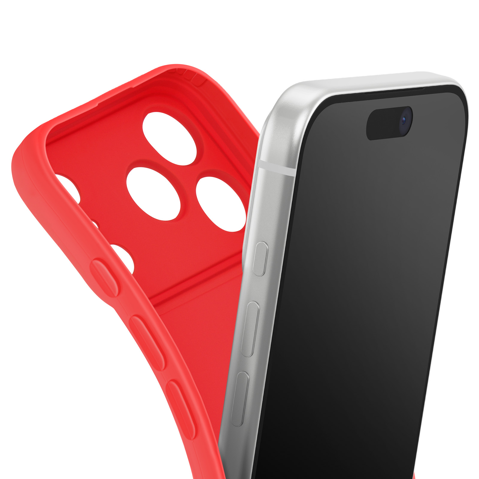 Een zilveren telefoon met een zwart scherm staat naast een rode telefoonhoes met gaten.