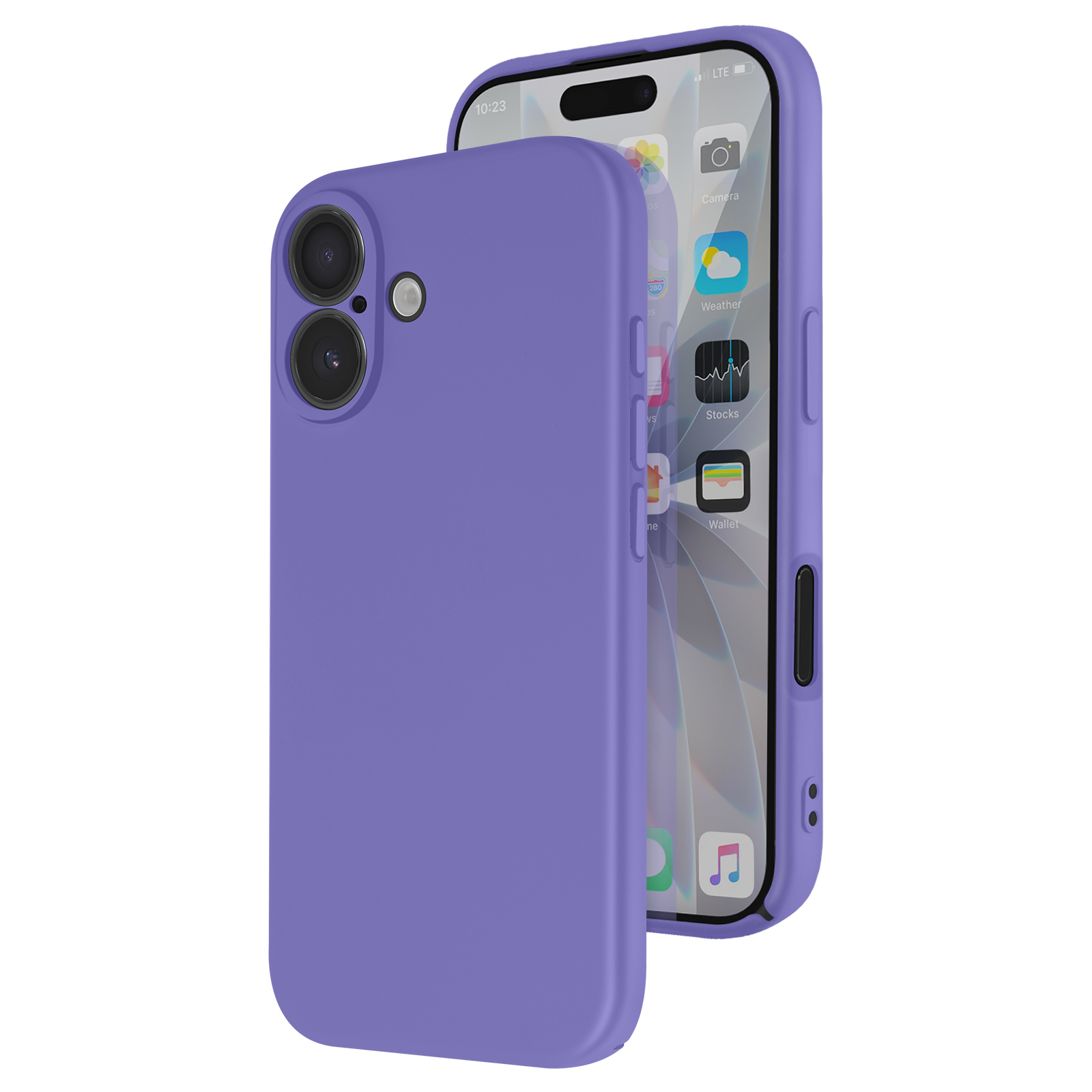Telefono viola con custodia. Il telefono mostra icone di app. La custodia ha un'estensione per la fotocamera.