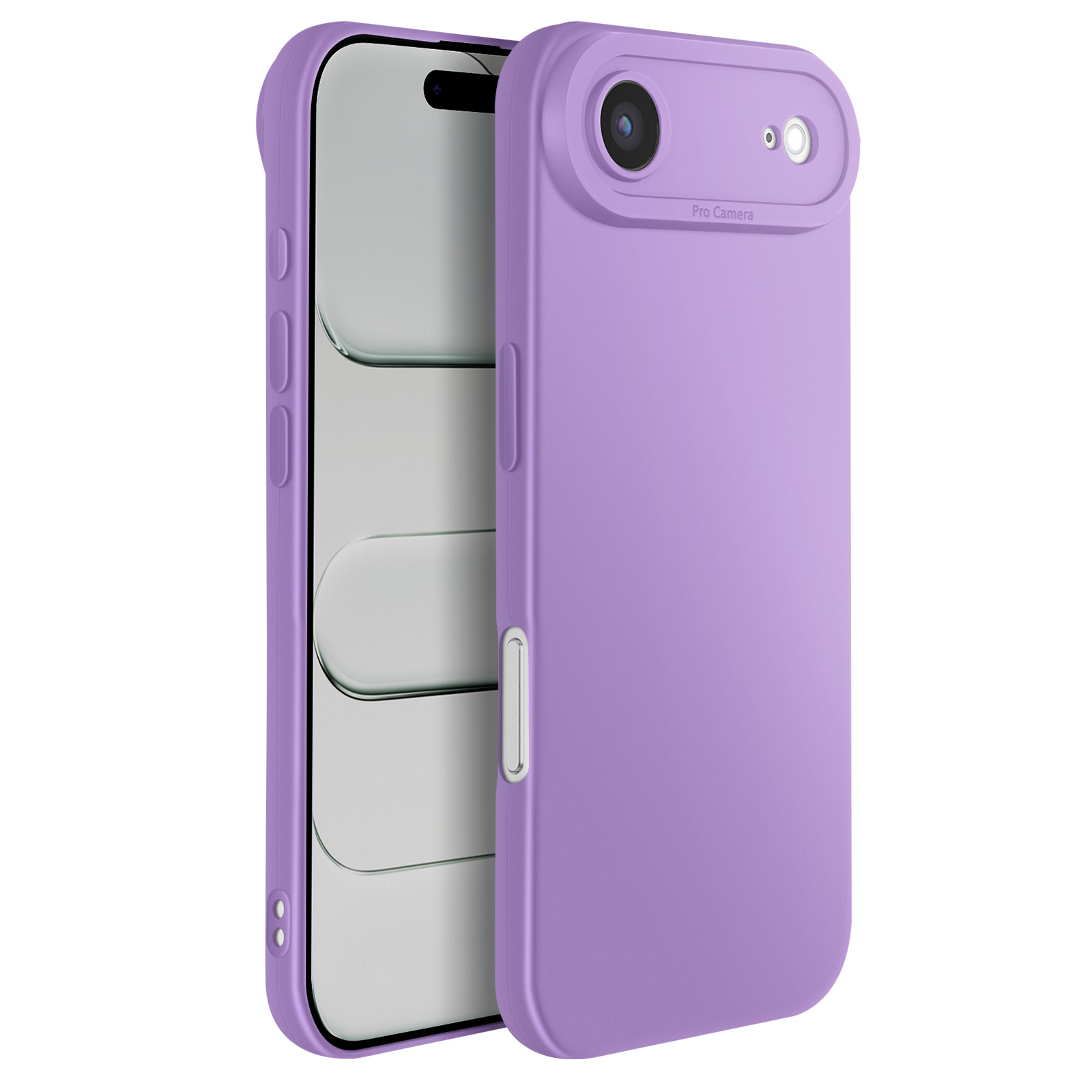 Un étui de téléphone lilas avec protection de caméra intégrée est montré, couvrant partiellement un téléphone. Le fond est blanc.