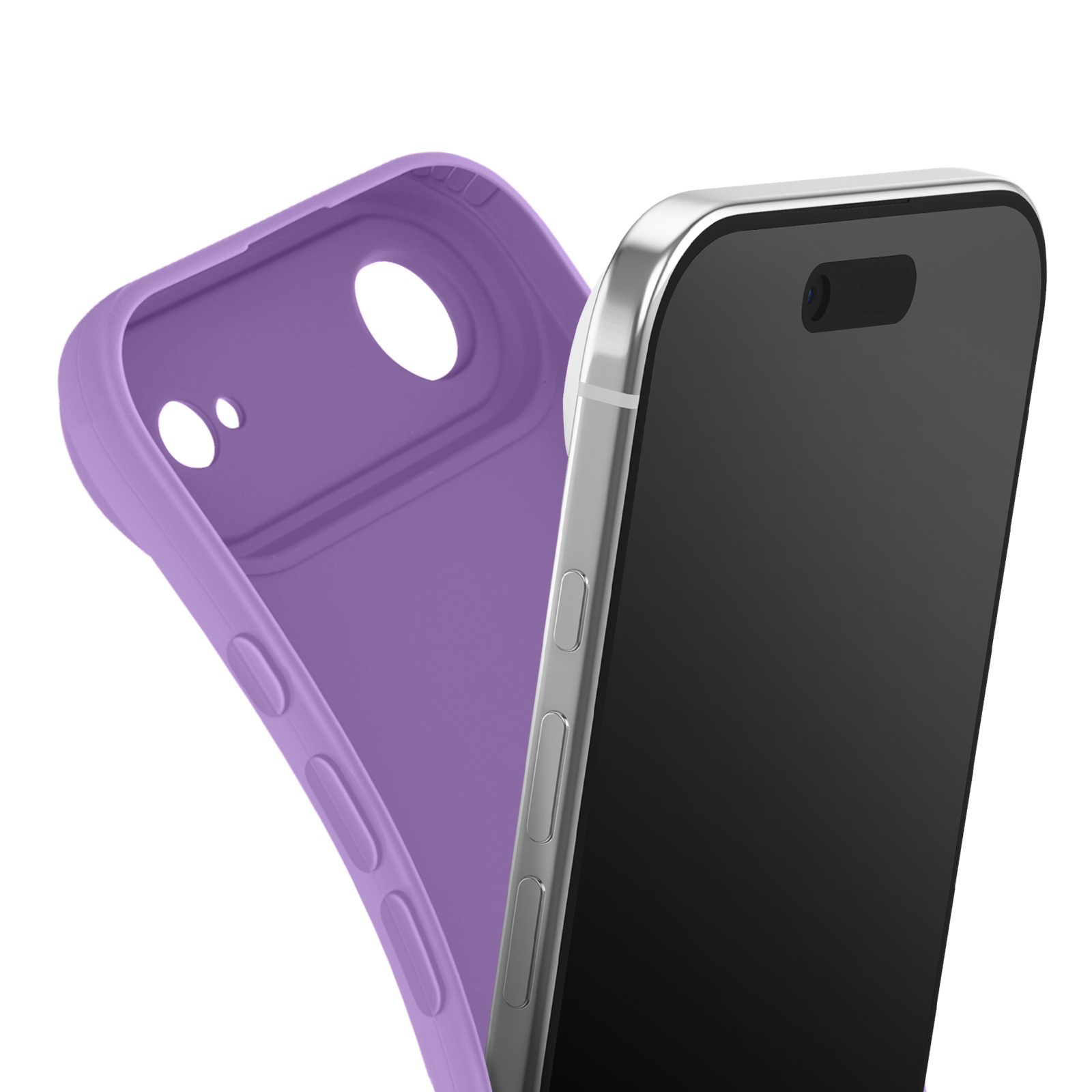 Un étui de téléphone violet à côté d'un smartphone noir. Des détails de la caméra du téléphone sont visibles.