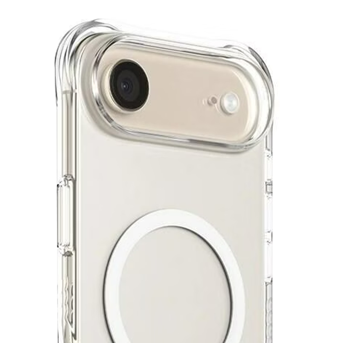 Une coque de téléphone transparente avec un cercle blanc et une découpe pour l'appareil photo. L'appareil photo et le flash sont visibles.
