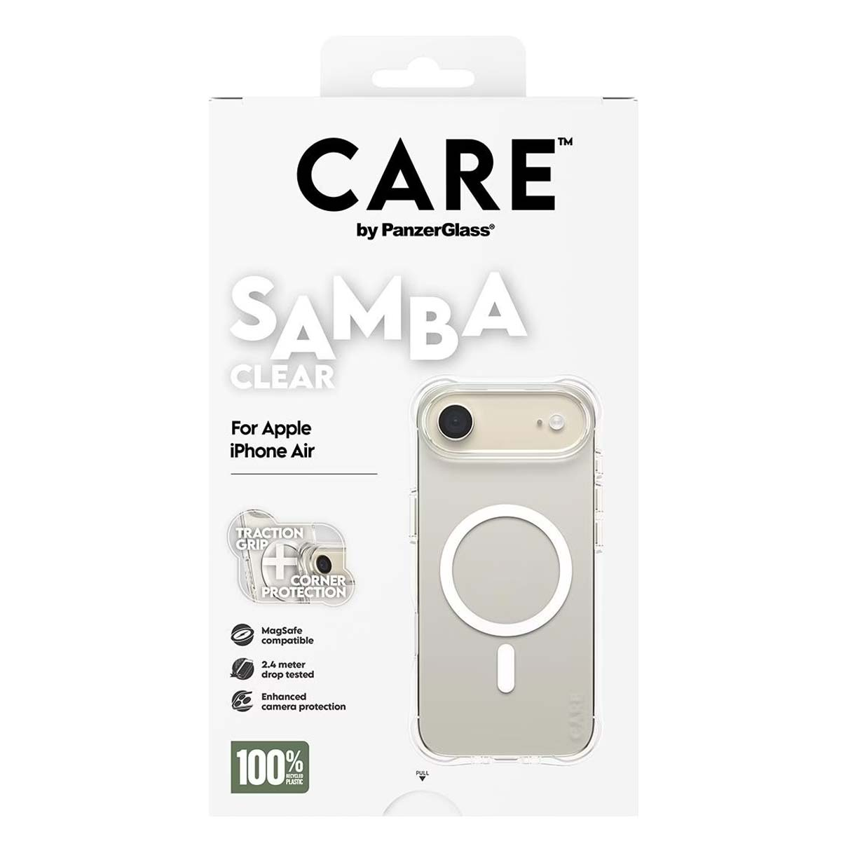 Une coque transparente pour iPhone dans une boîte blanche. Le texte comprend "CARE", "SAMBA", "iPhone Air" et des fonctionnalités comme la compatibilité MagSafe.
