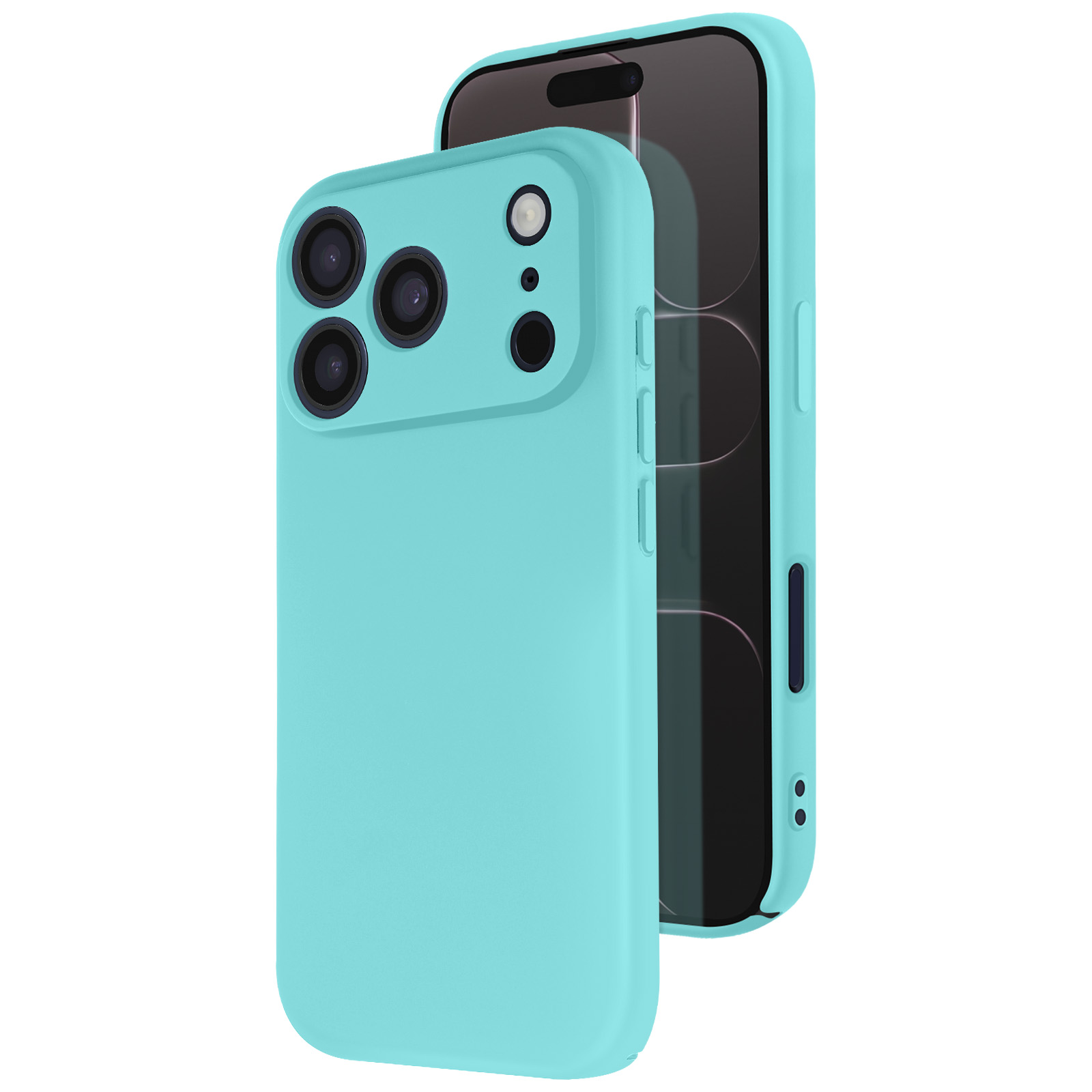 Deux coques de téléphone turquoise, une ouverte, révélant l'écran du téléphone. Les coques ont des découpes de caméra.