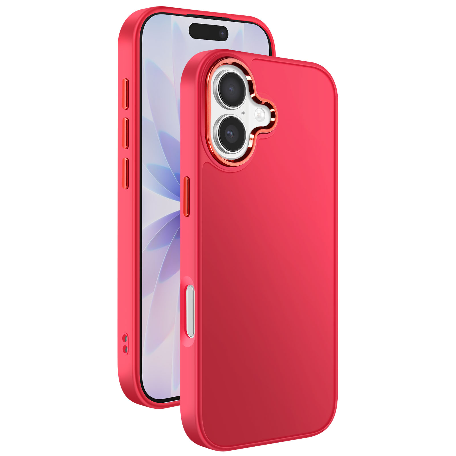 Una custodia rossa per telefono su sfondo bianco, che copre un telefono. La custodia ha un ritaglio per la fotocamera e pulsanti.