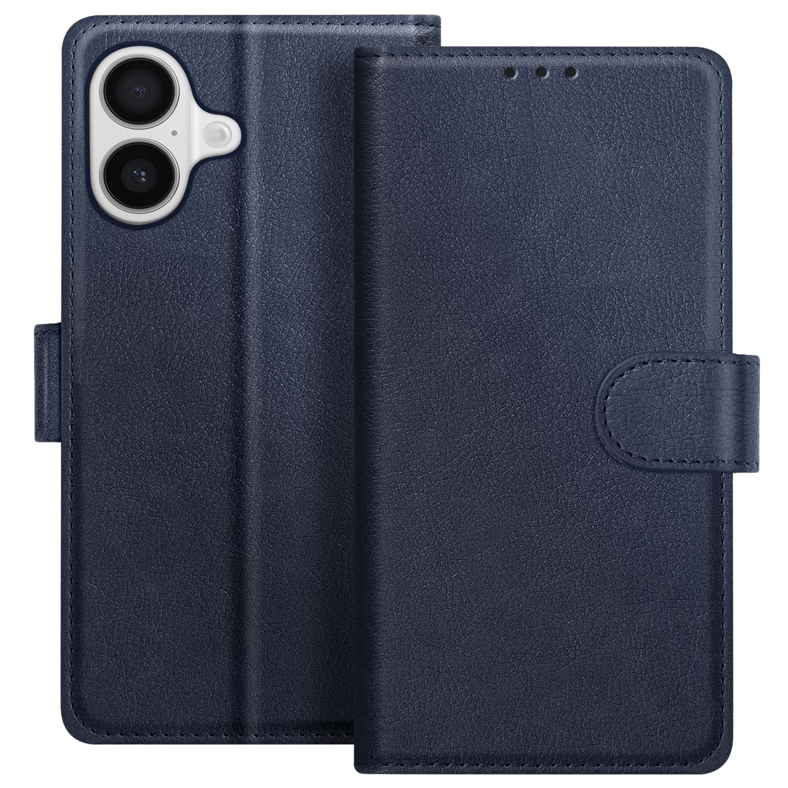 Custodia per telefono blu scuro, aperta, con ritaglio per fotocamera. Presenta una chiusura magnetica e finitura similpelle.