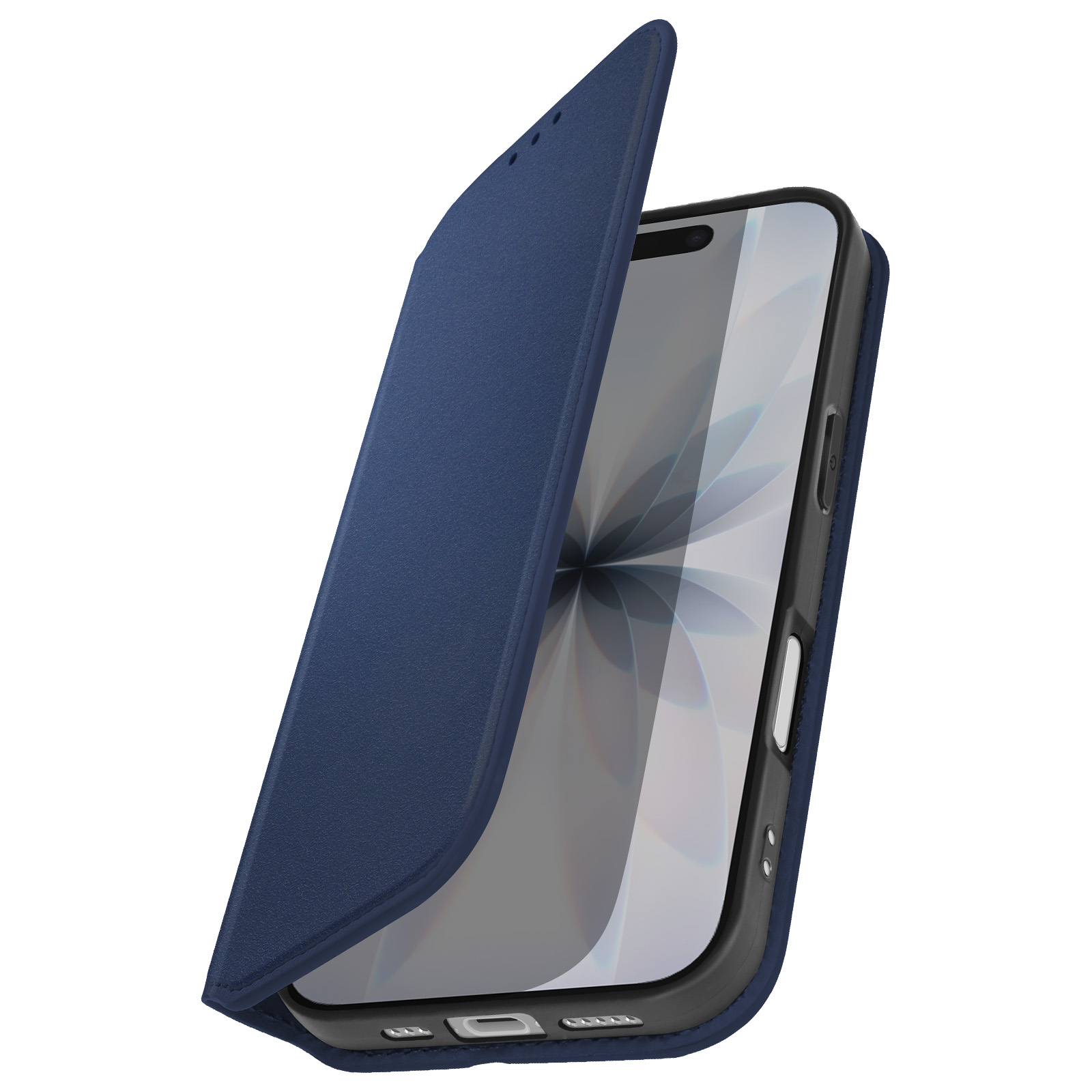 Una custodia blu è aperta, rivelando lo schermo del telefono. Custodia e telefono su sfondo bianco.
