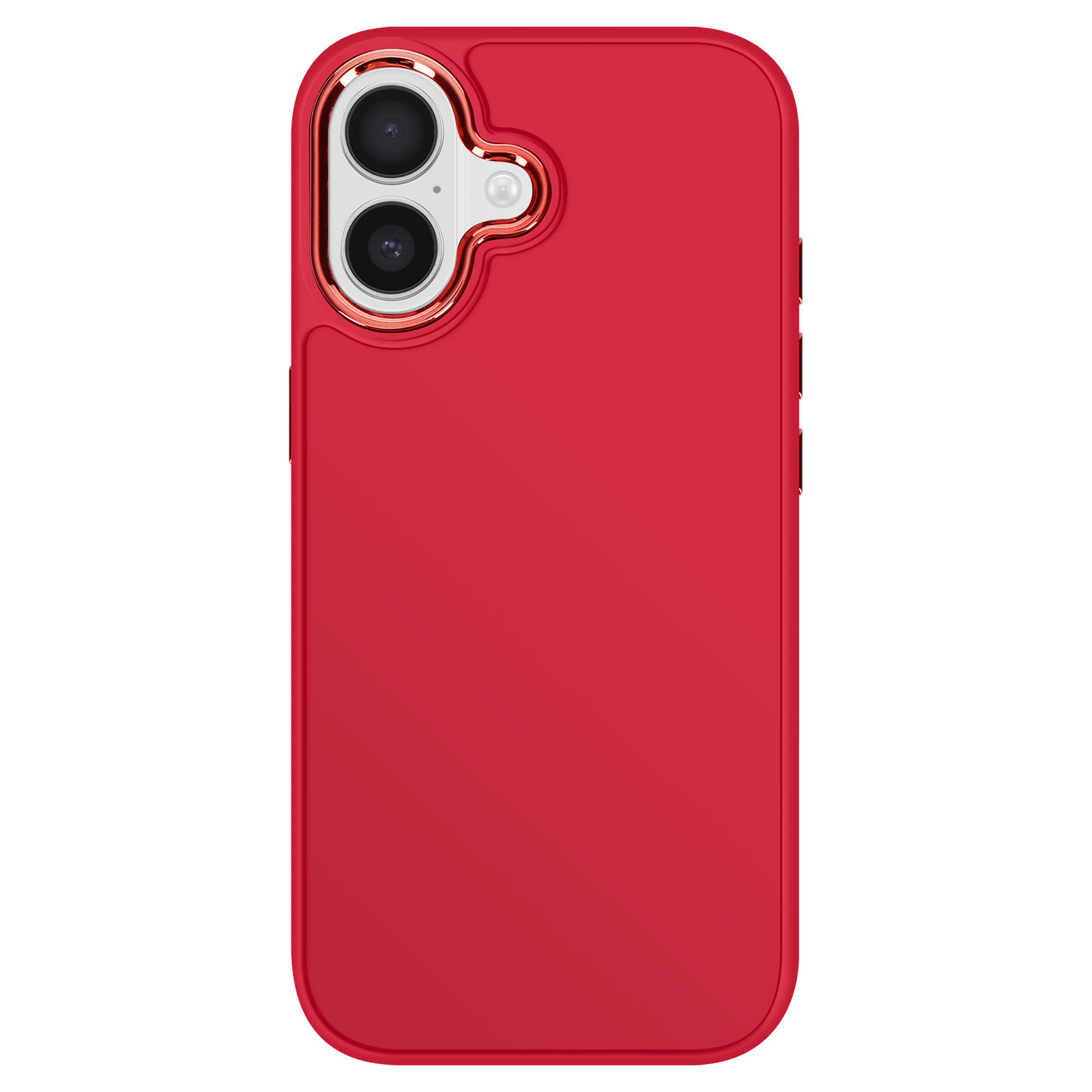 Una custodia rossa per telefono con modulo fotocamera. La custodia ha una superficie liscia e angoli arrotondati. Sfondo bianco.