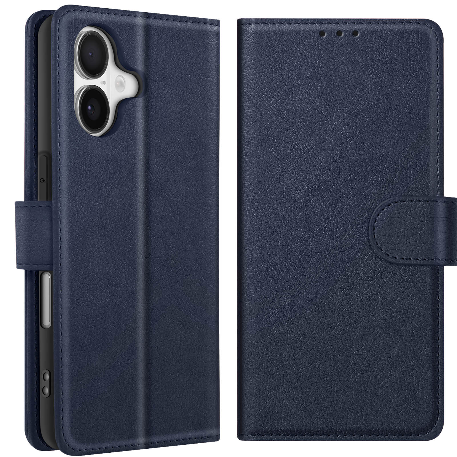 Una custodia blu per telefono in posizione aperta, che mostra il telefono. La custodia è in similpelle con chiusura a bottone.