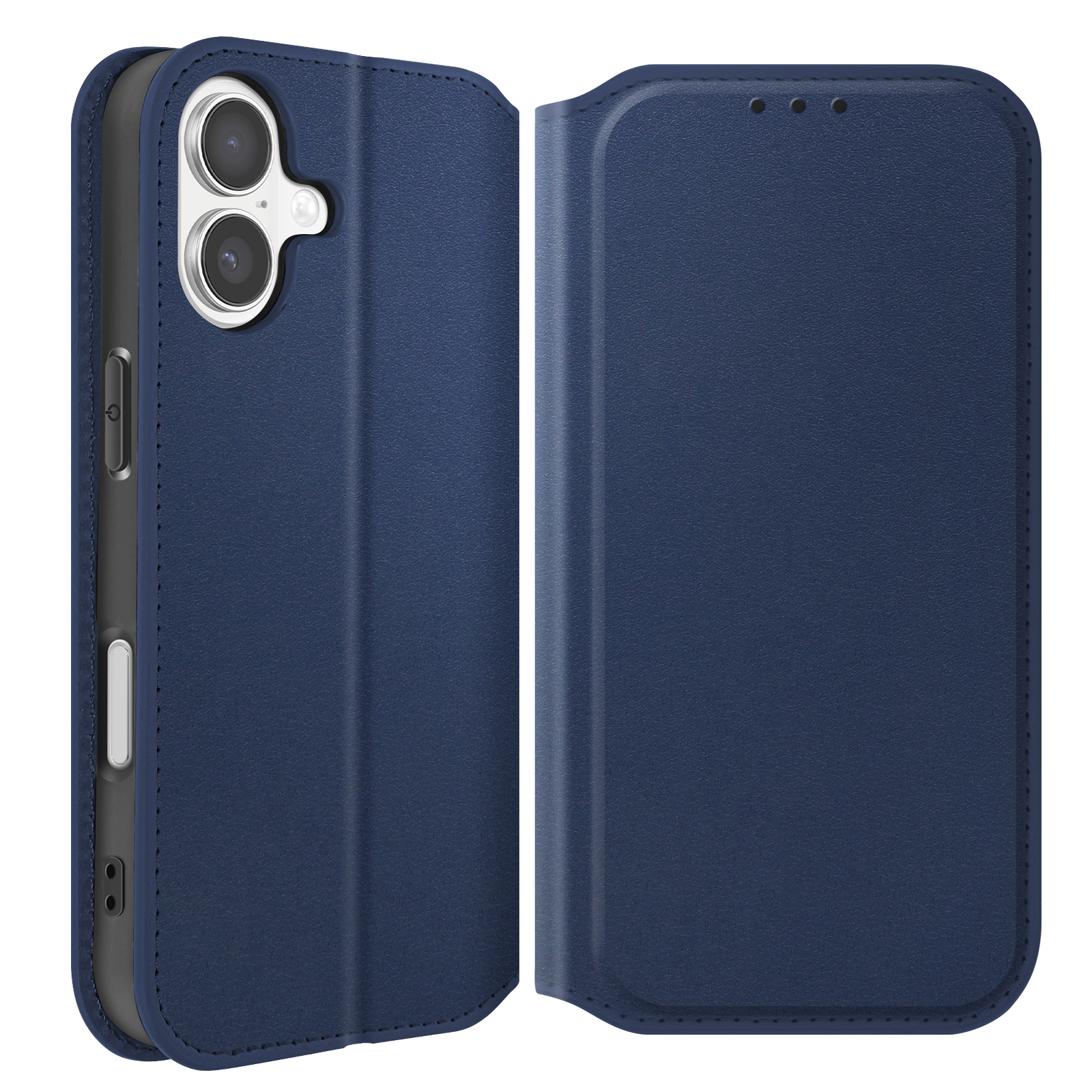 Custodia blu per telefono, aperta. Mostra ritagli per fotocamera, pulsanti e superficie strutturata. La custodia è su sfondo bianco.