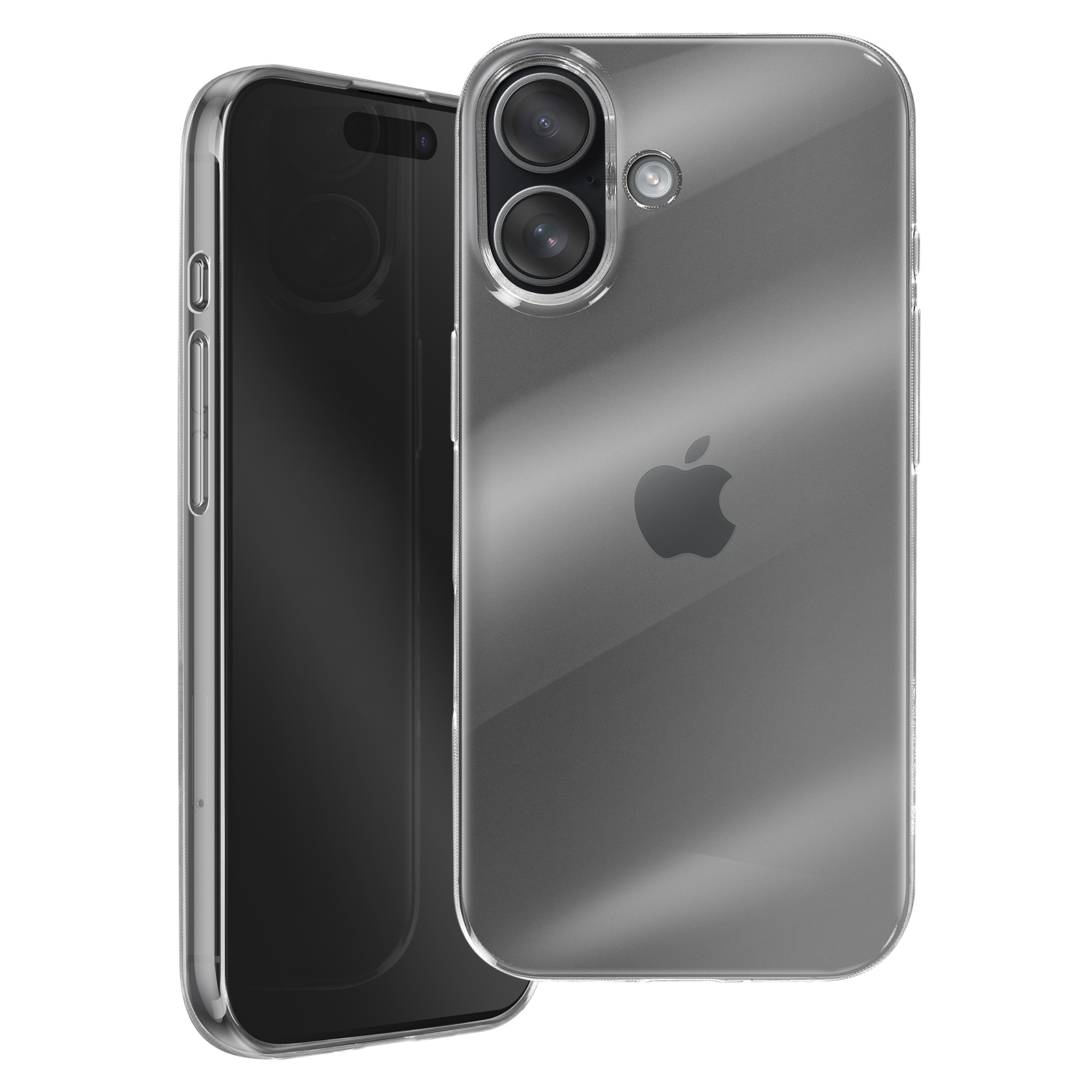 Zwei transparente Handyhüllen, eine über einem Handy. Die hintere Hülle hat das Apple-Logo und zwei Kameralinsen.