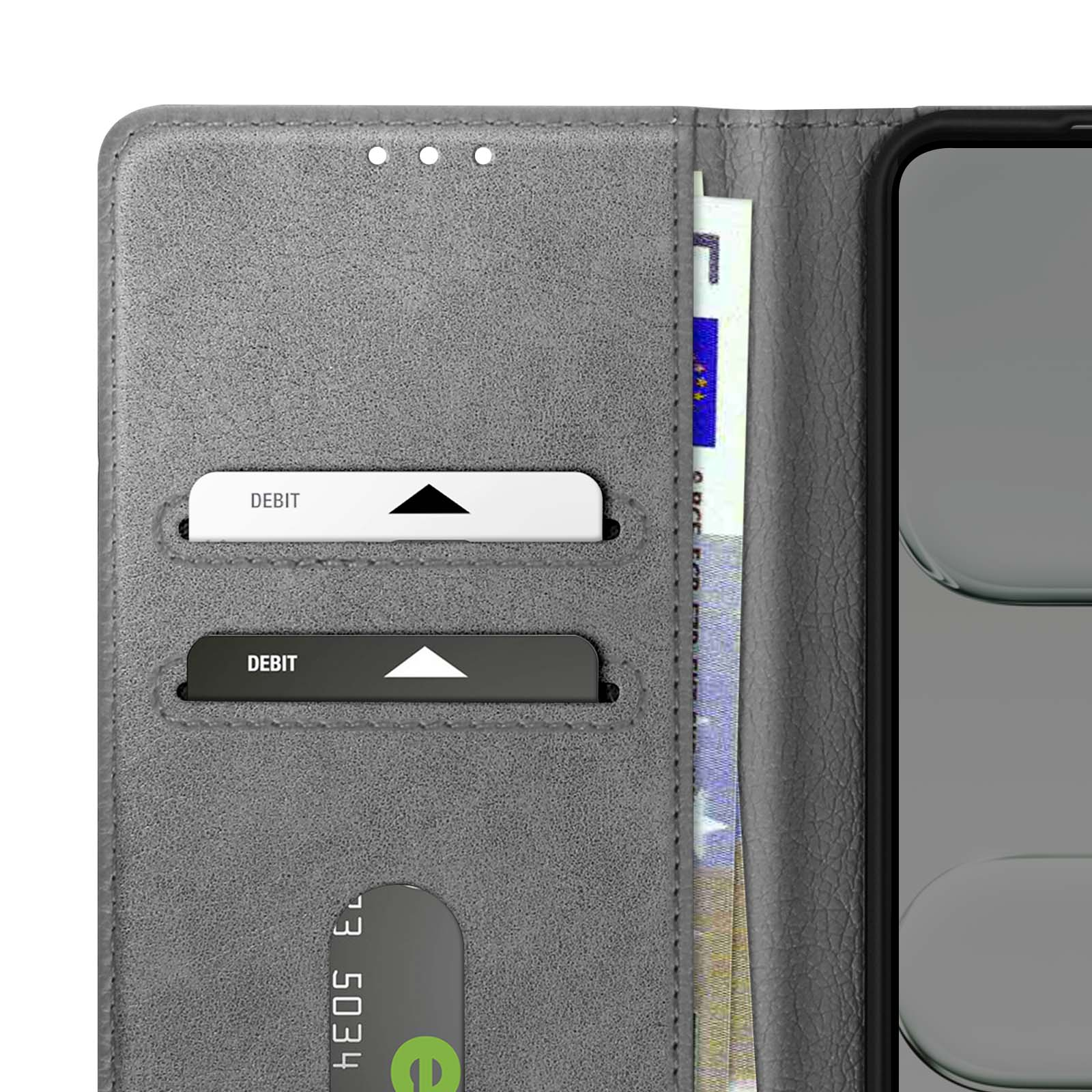 Un portafoglio grigio aperto, che mostra carte di debito, contanti e un telefono. Le carte hanno etichette di debito.