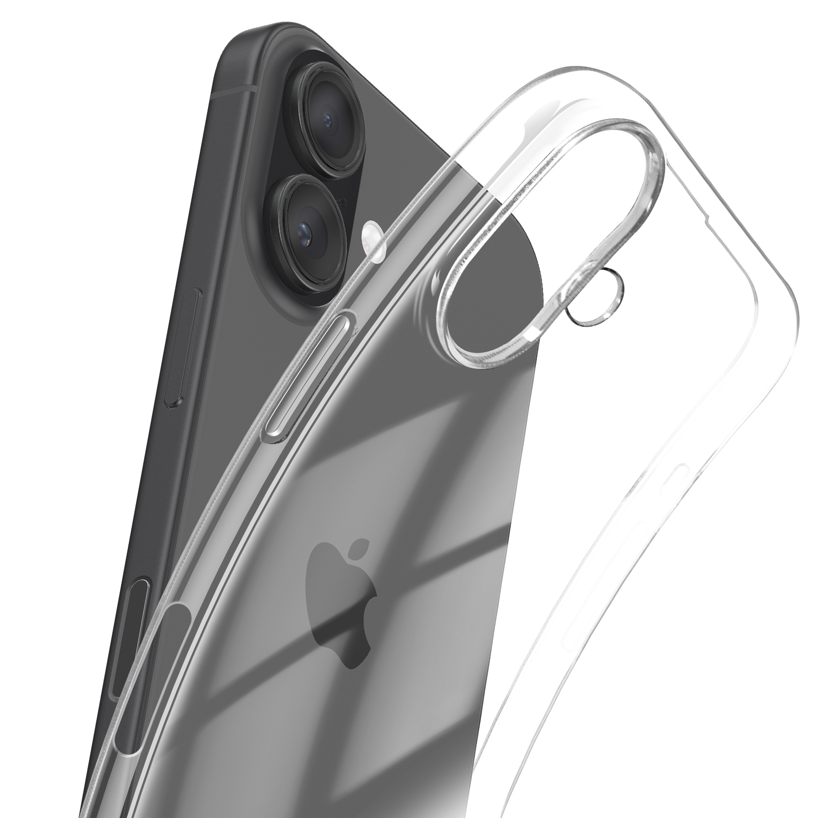 Eine klare Handyhülle über einem schwarzen Smartphone. Das Telefon hat zwei Kameras. Ein weißer Hintergrund.