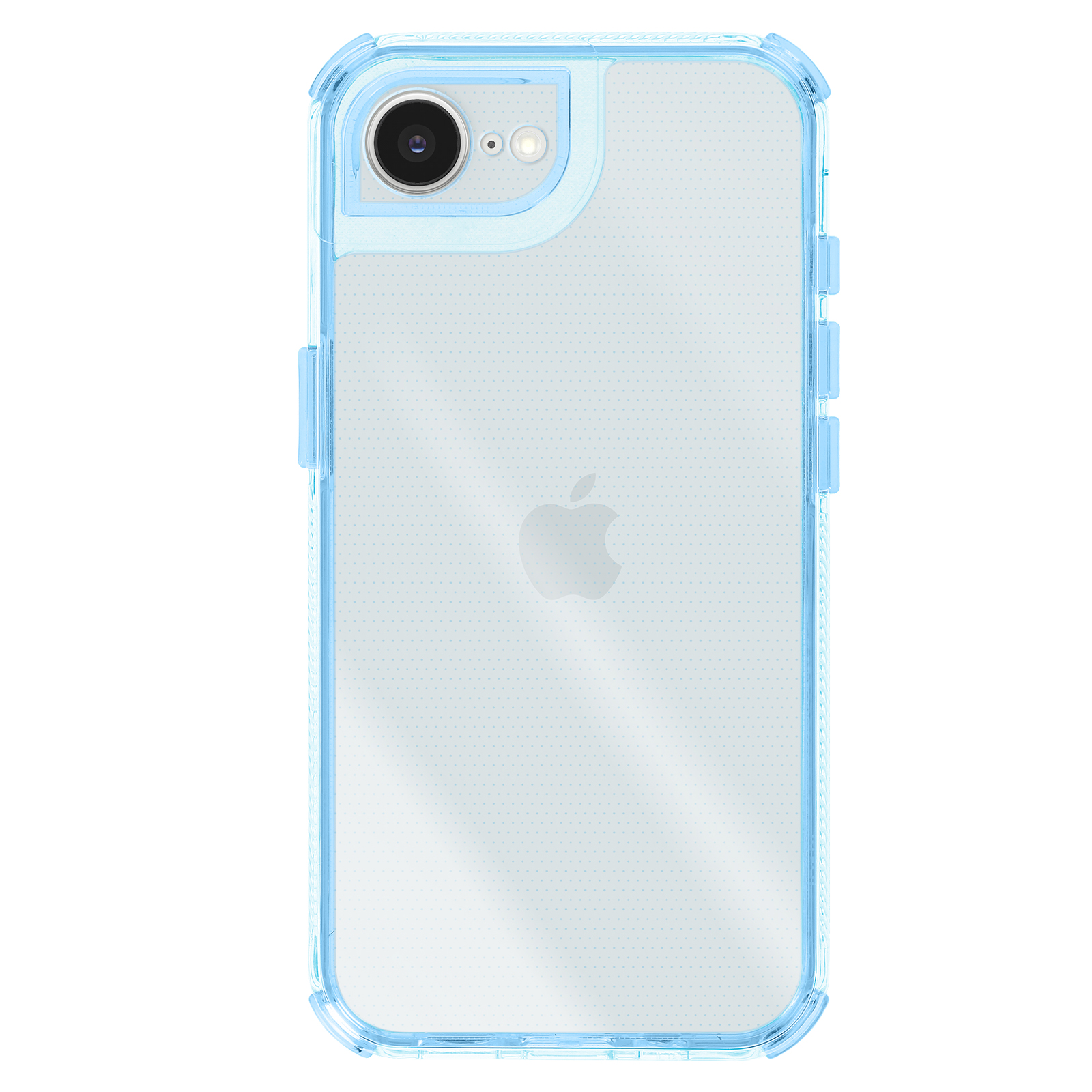 Custodia trasparente per iPhone con cornice blu. Mostra il retro del telefono con il logo Apple. Fotocamera visibile in alto. Sfondo a pois azzurro chiaro.