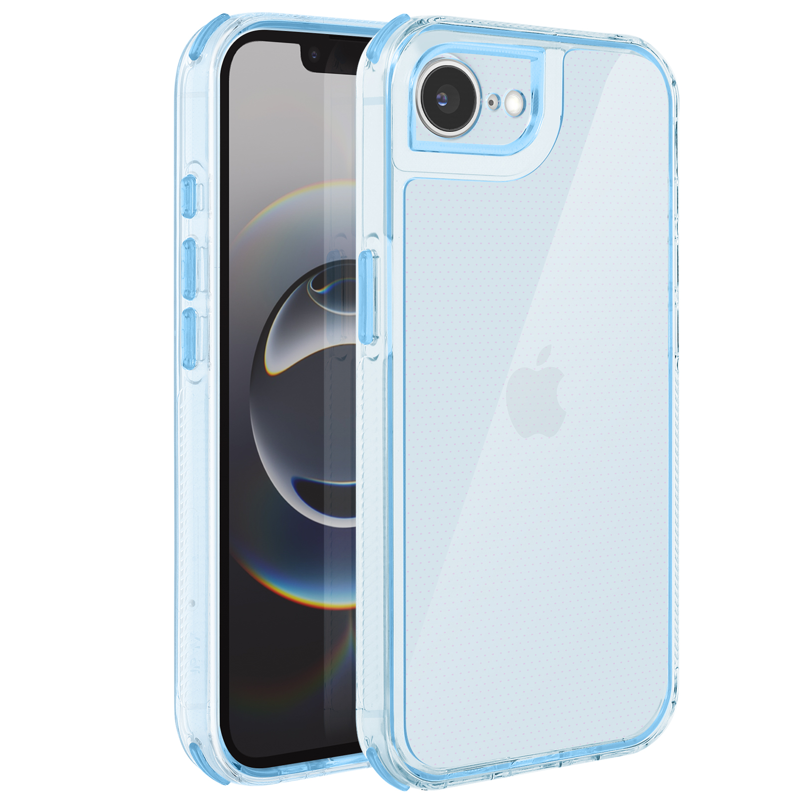 Una custodia per telefono azzurra con un telefono all'interno. La custodia è trasparente. Lo schermo del telefono è nero. Logo Apple visibile.