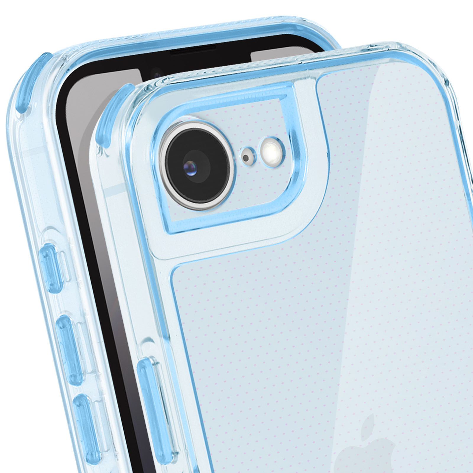 Custodia trasparente per telefono con dettagli blu. Fotocamera e logo Apple visibili. Sfondo azzurro con pois.