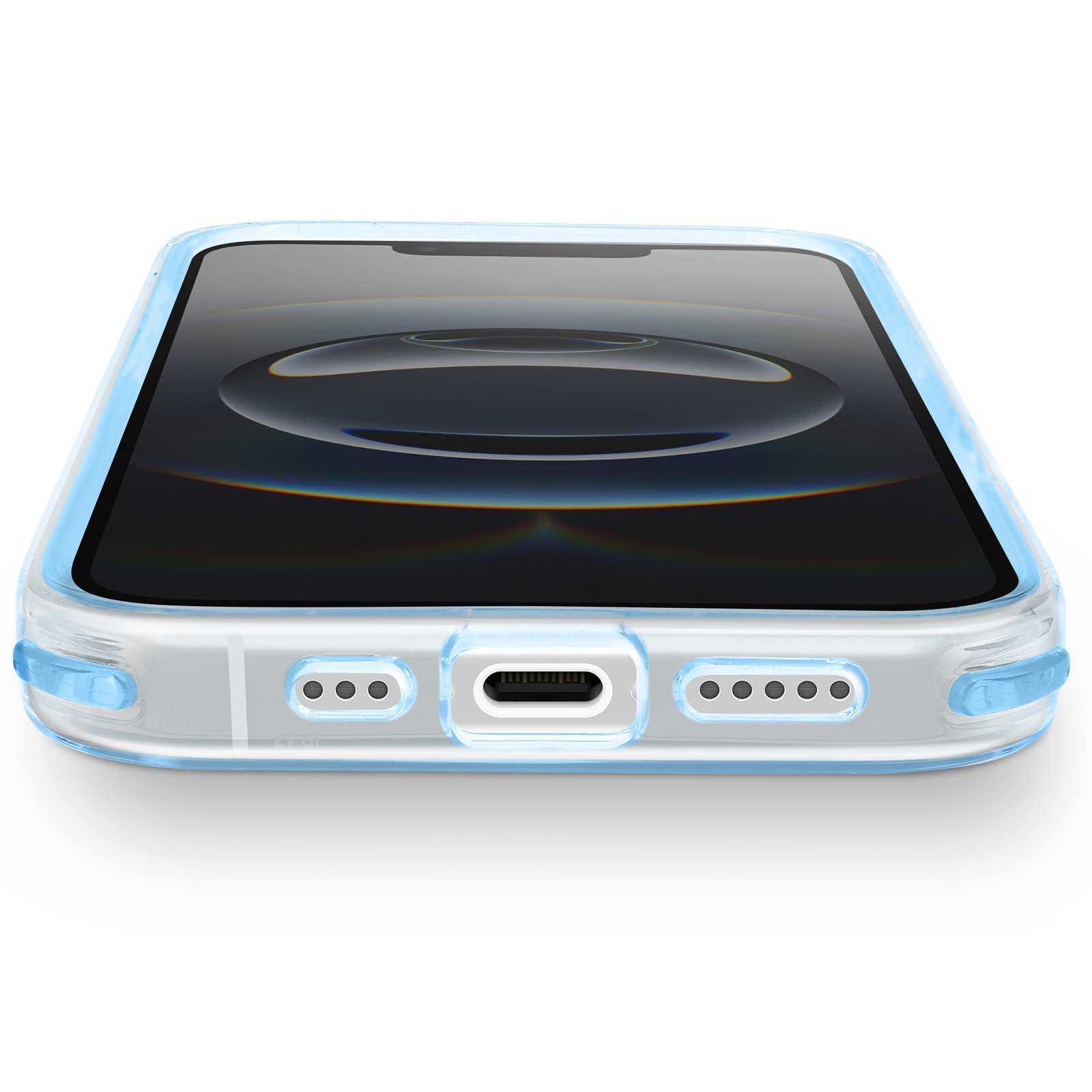 Una custodia trasparente per telefono con bordo azzurro, posta su una superficie bianca. Lo schermo del telefono è scuro, con un riflesso di luce.