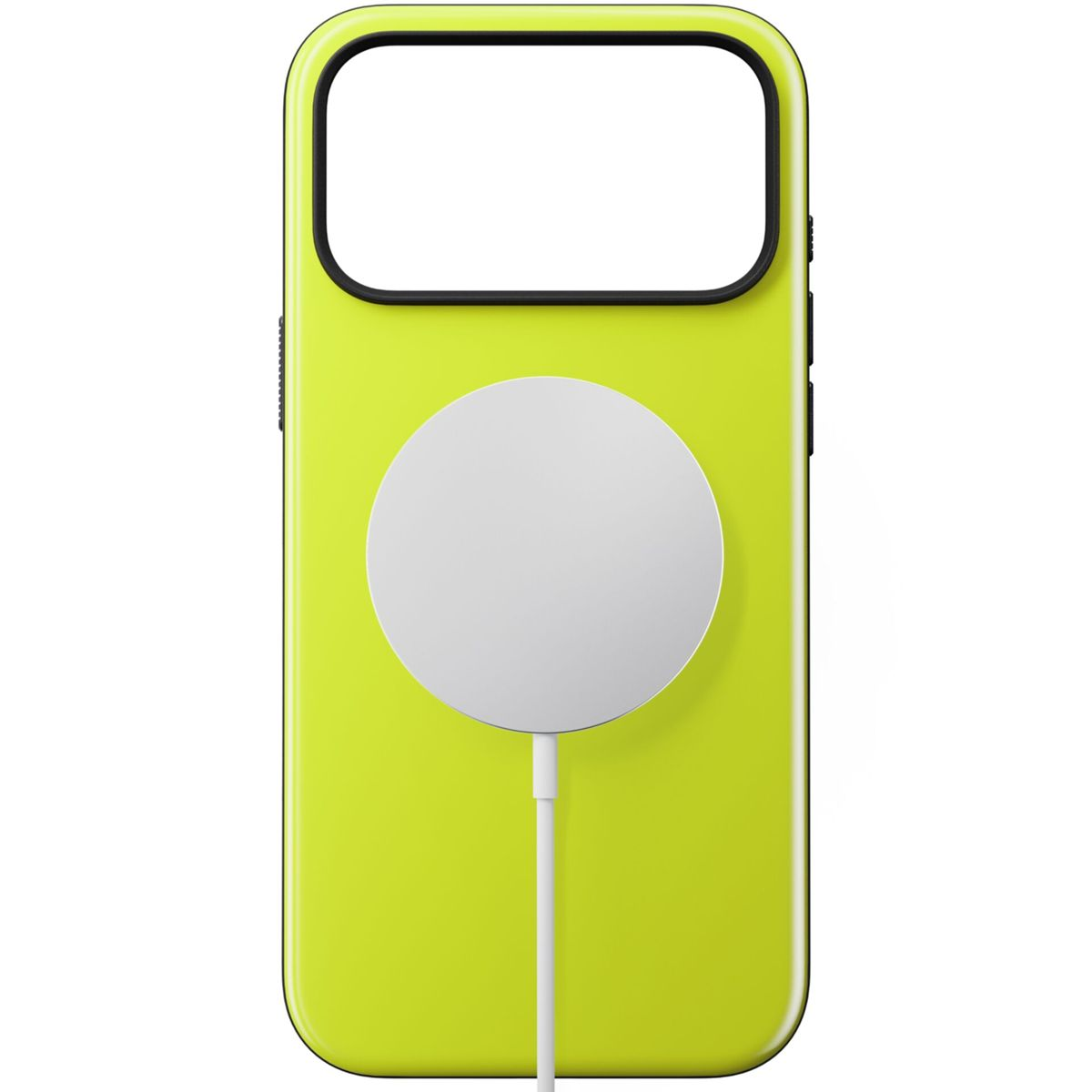Una custodia per telefono verde lime con un disco di ricarica bianco attaccato. La custodia ha un bordo nero attorno all'apertura della fotocamera.