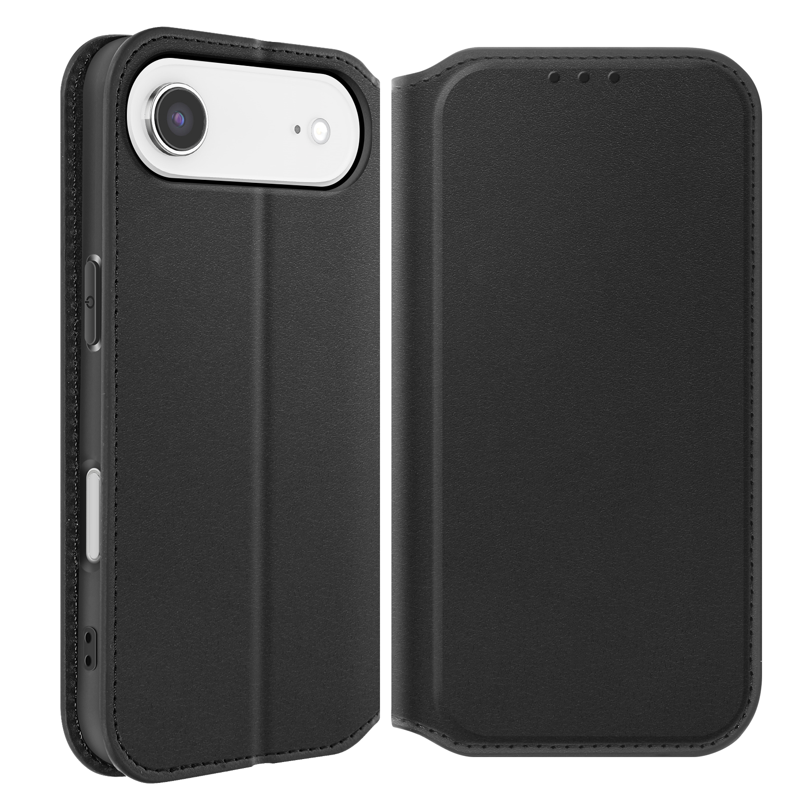 Custodia nera per telefono con sezione fotocamera bianca, aperta lateralmente. La custodia è strutturata, con cuciture visibili.