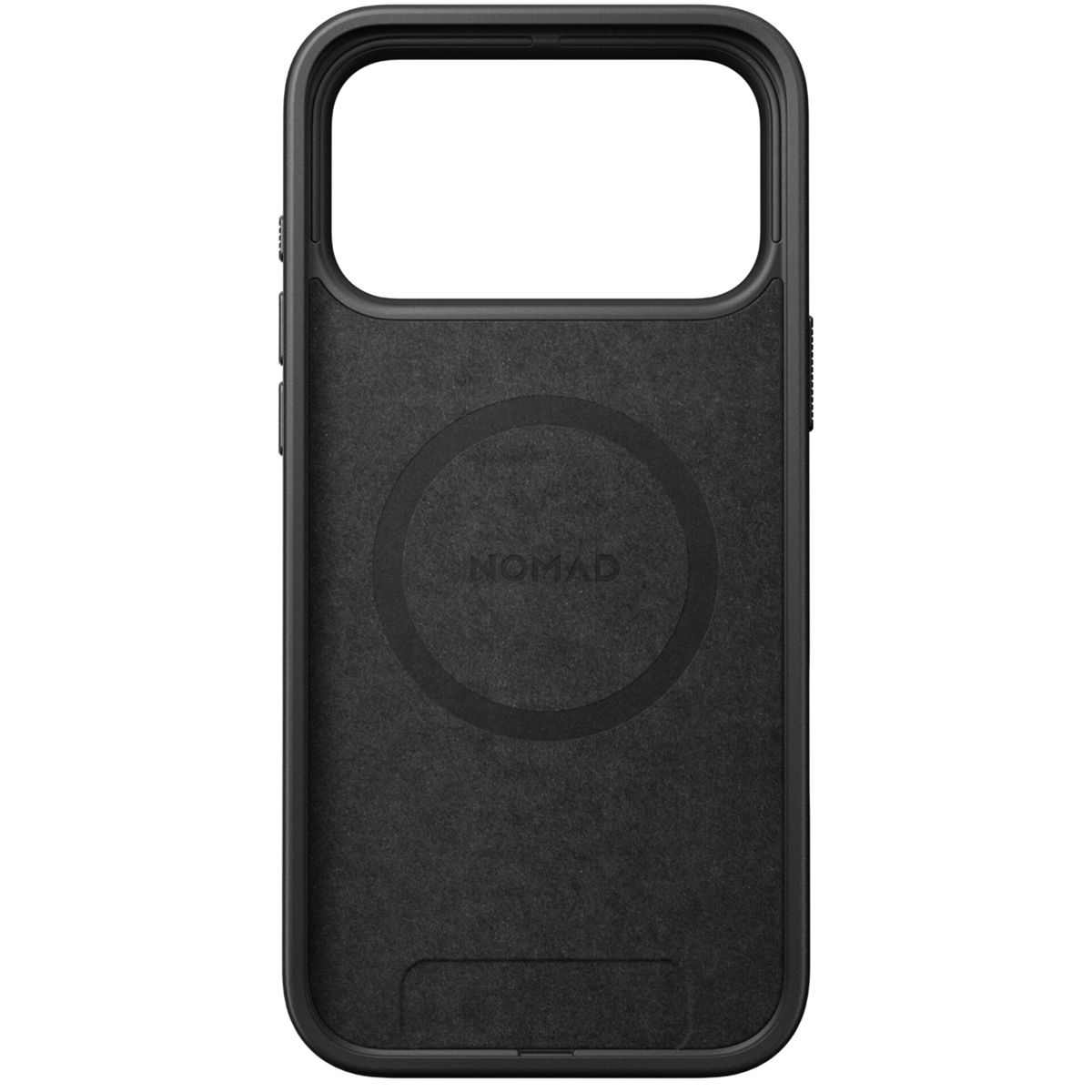 Custodia nera per telefono con un'ampia apertura per la fotocamera e il marchio 'NOMAD'.