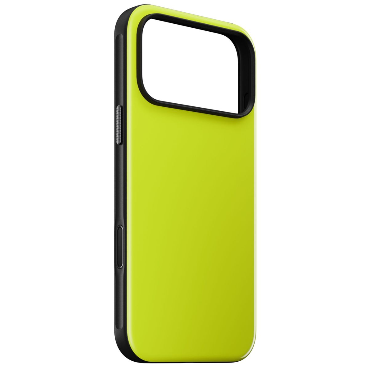 Una custodia per telefono giallo brillante con bordo nero. L'intaglio della fotocamera è visibile. La custodia è su sfondo bianco.