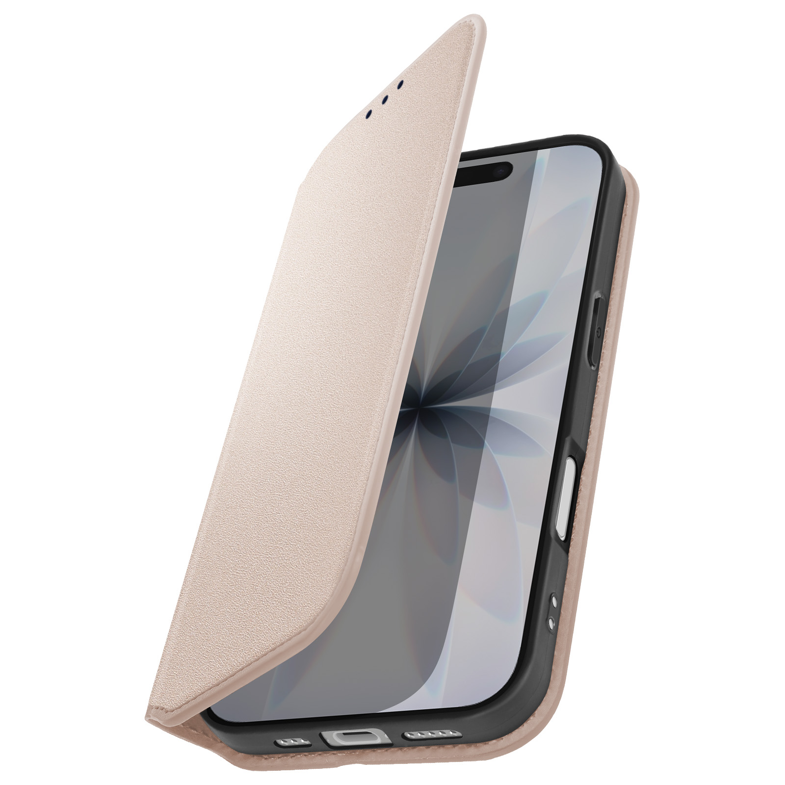 Una custodia per telefono beige con la cover aperta, che rivela lo schermo del telefono. La custodia è su sfondo bianco.