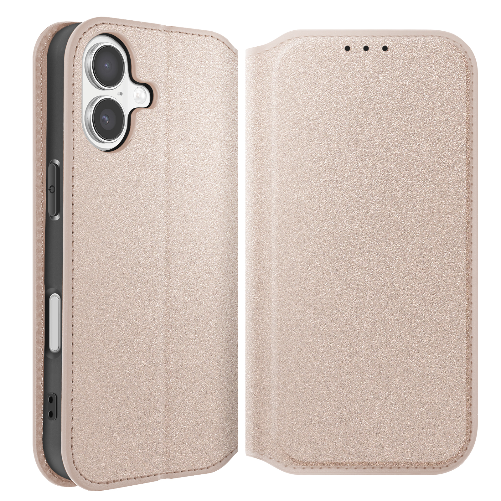 Una custodia per telefono marrone chiaro con coperchio. La custodia è aperta, mostrando la fotocamera del telefono. Il coperchio ha tre piccoli fori.