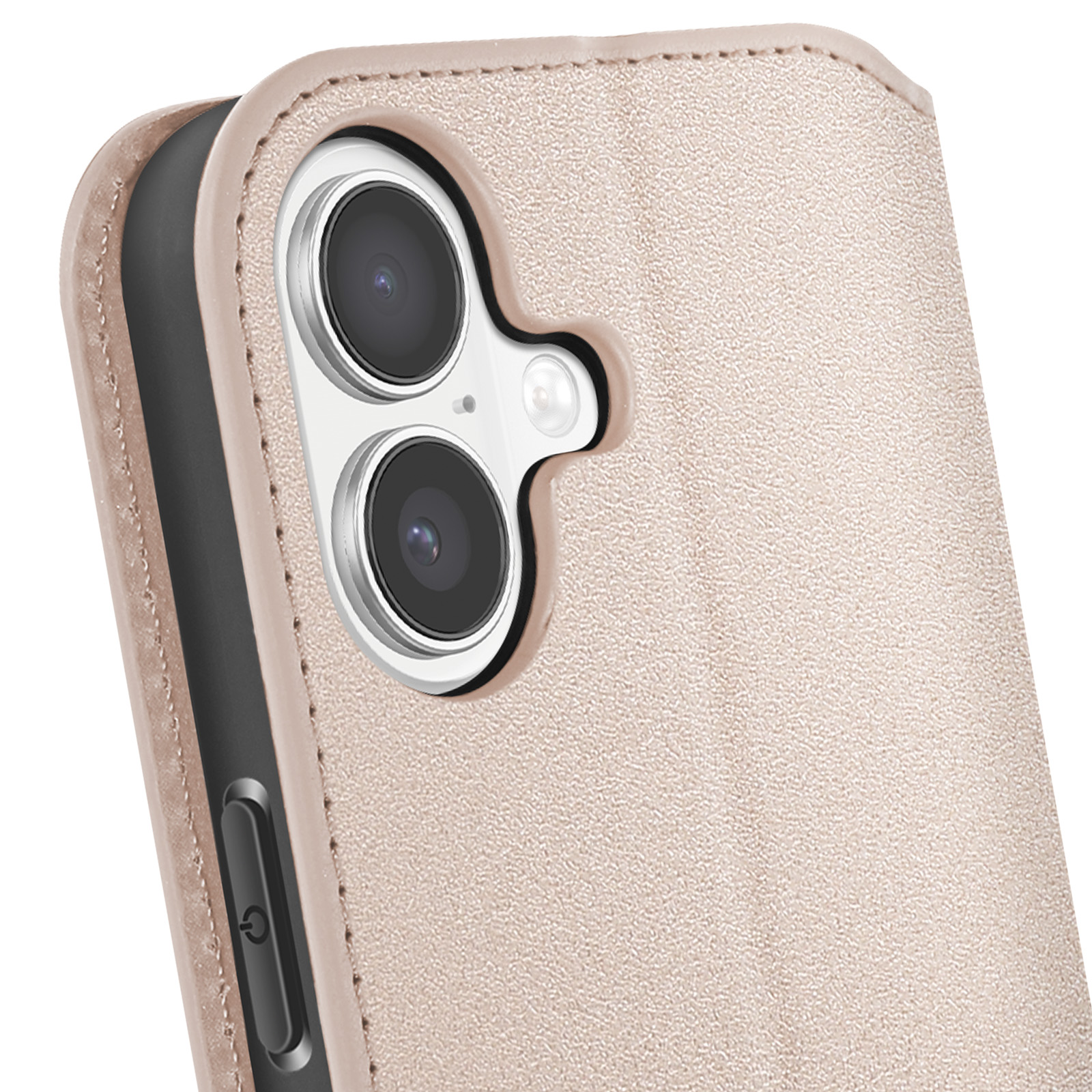 Primo piano di una custodia per telefono con obiettivi della fotocamera. La custodia è marrone chiaro, gli obiettivi sono neri all'interno di una cornice argentata.