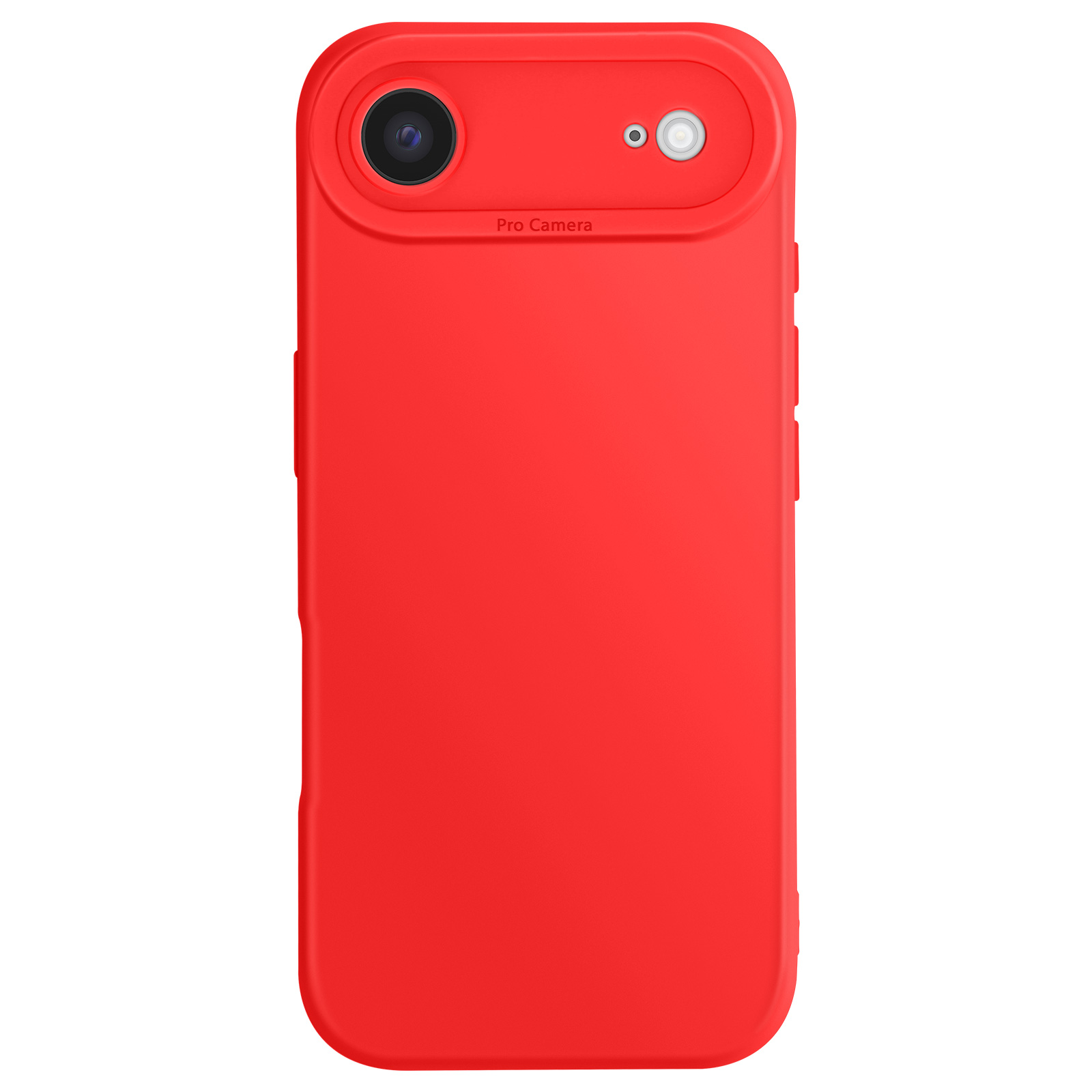 Une coque de téléphone rouge avec des découpes pour l'appareil photo, sur fond blanc.