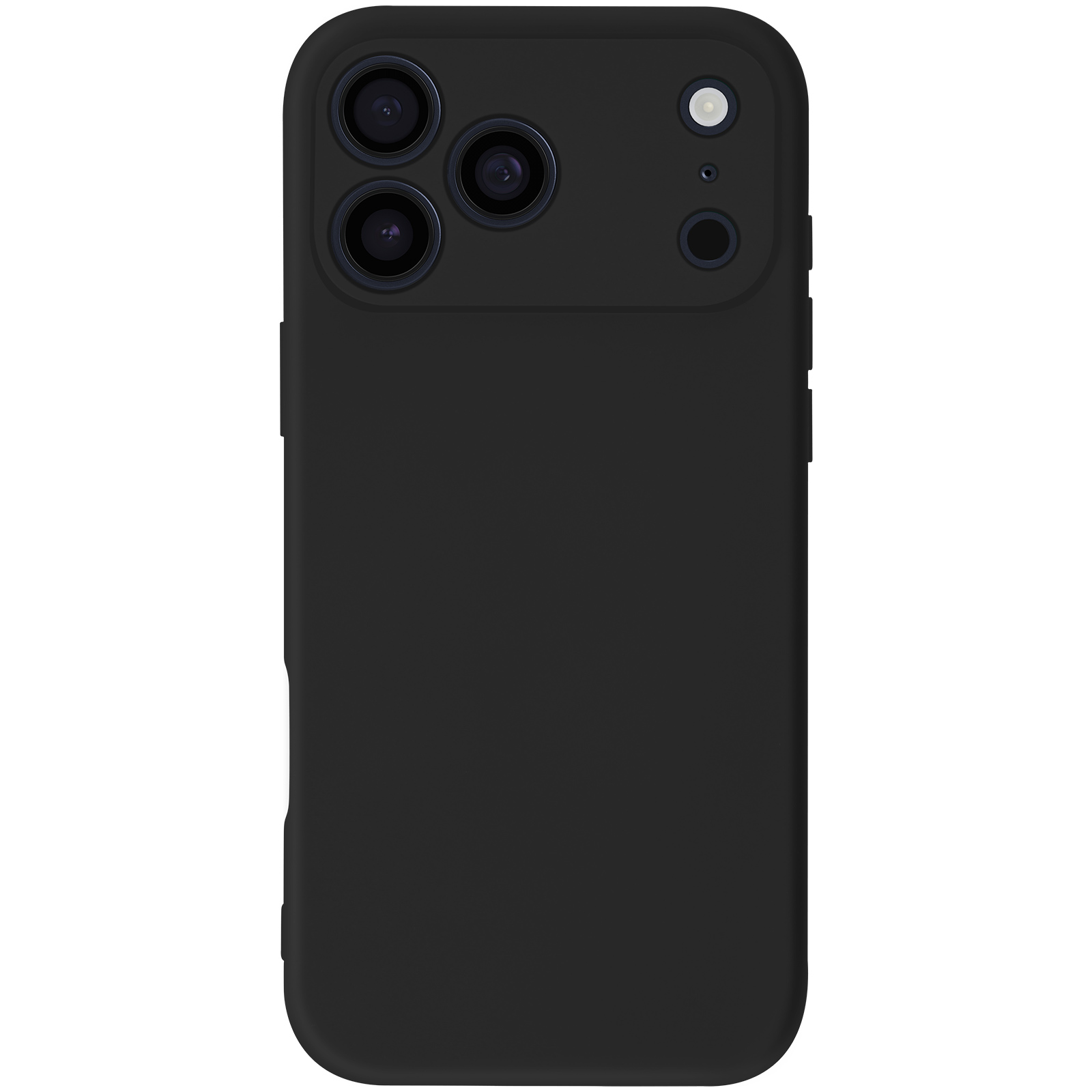 Zwarte smartphone achterkant met meerdere lenzen en flits. Het heeft een gladde, matte afwerking.