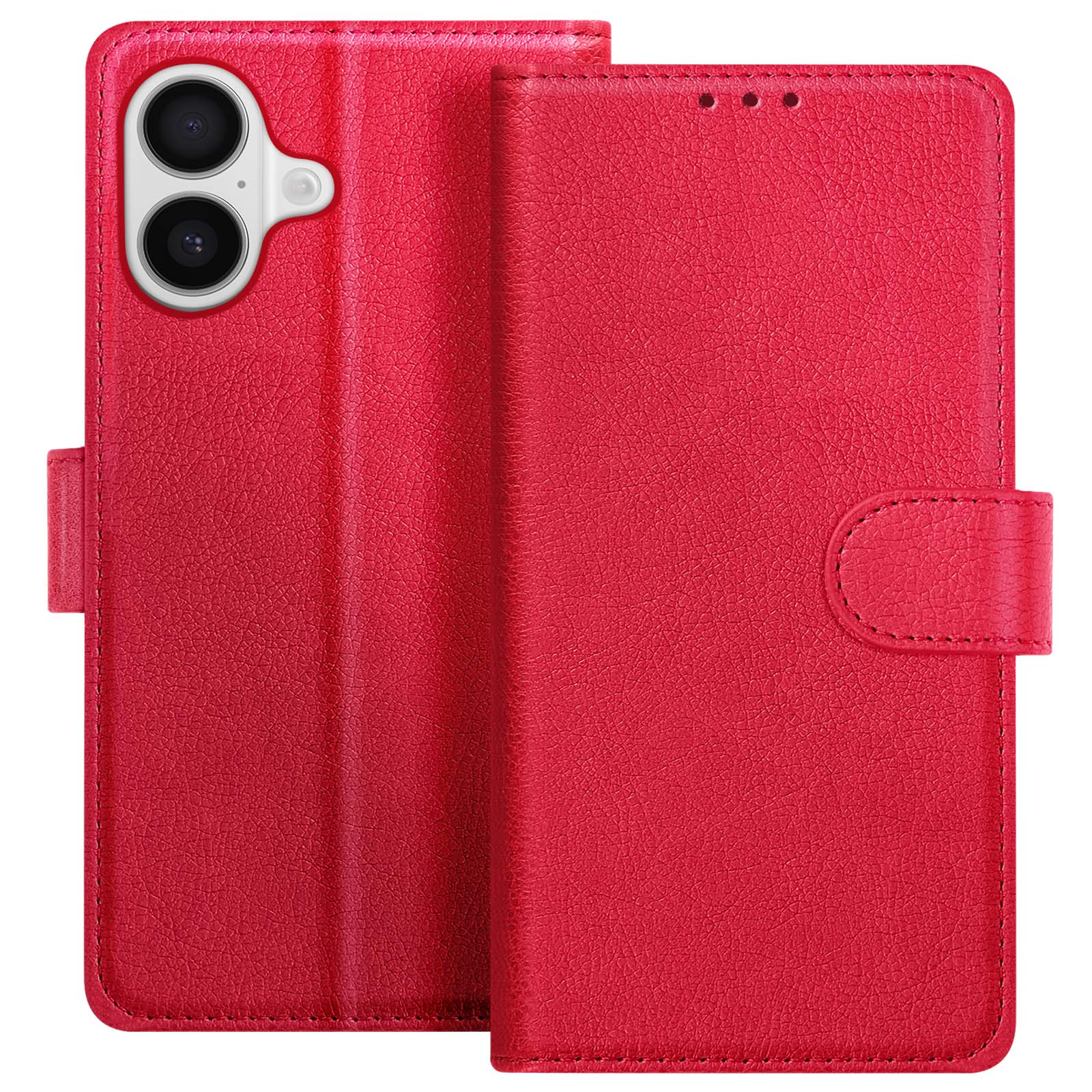 Custodia per telefono in pelle rossa con ritaglio per fotocamera e chiusura magnetica.