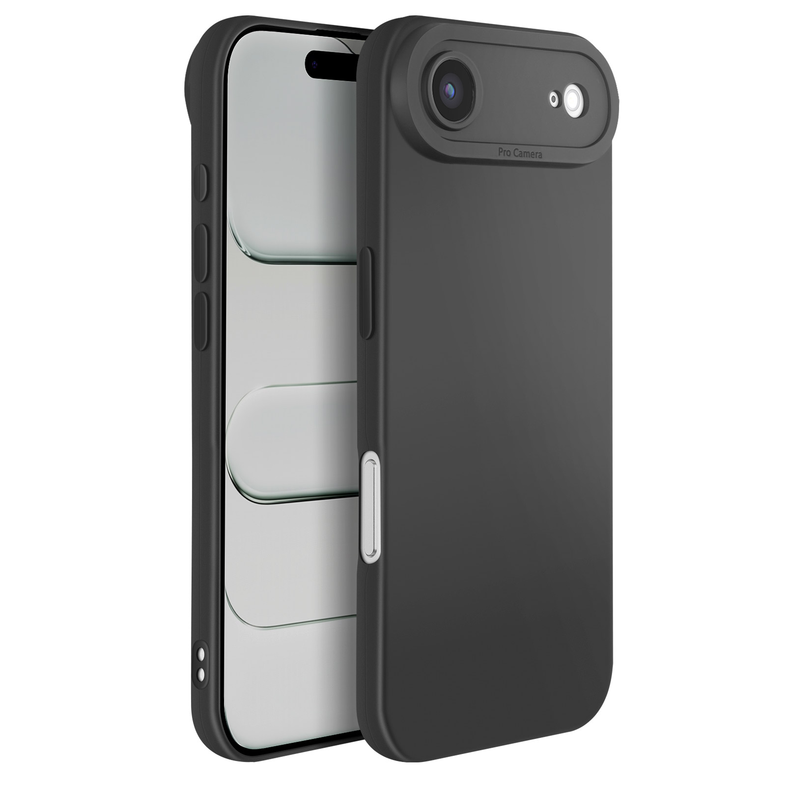 Custodia nera per telefono con fotocamera integrata e dettagli dei pulsanti. Schermo del telefono visibile. Sfondo bianco.