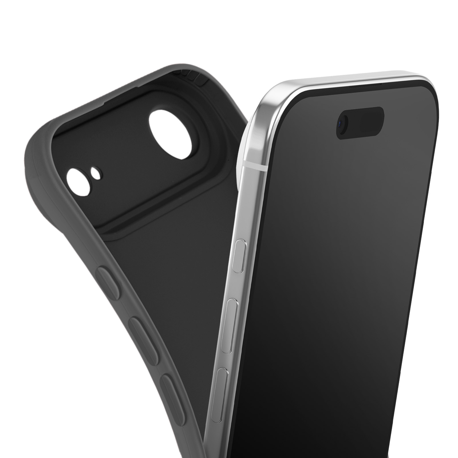 Un telefono nero con cornice argentata accanto a una custodia nera. La custodia è aperta.